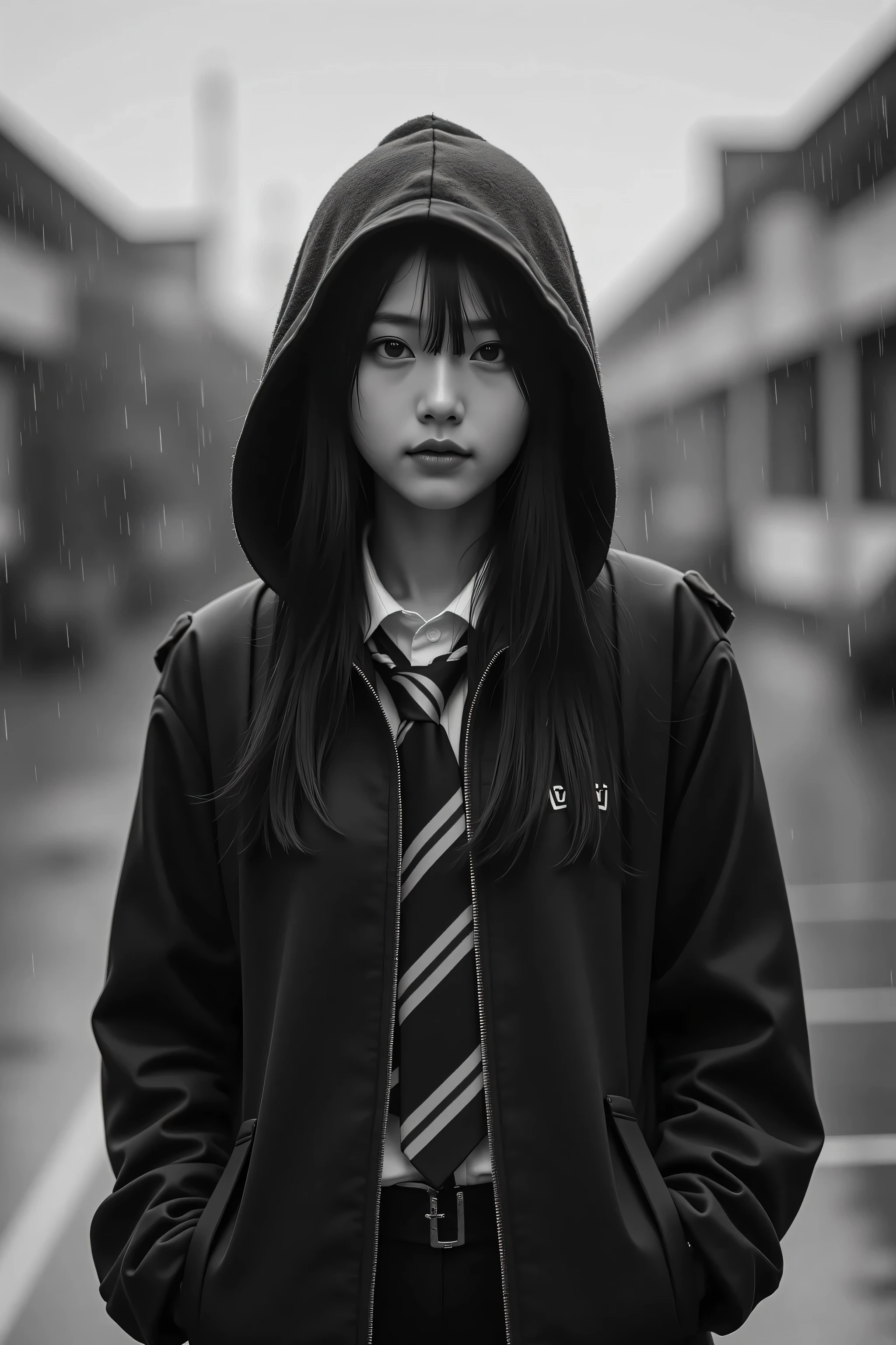 18-year-old Korean idol girl, Transfer Student Standing Alone、Wearing a Hooded Uniform and Half of Her Face Is Hidden in the Shadows、Looking at the Rainy Schoolyard、Black and White Hues、Melancholy Atmosphere、realistic texture、cinematic composition