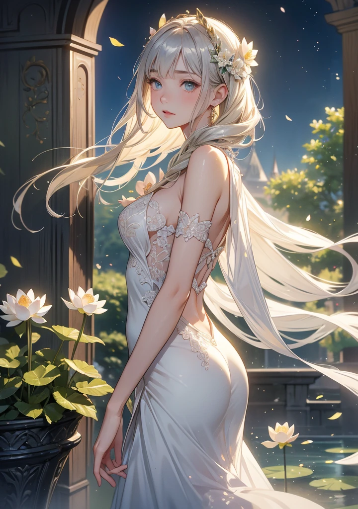 stunning blonde hair, long flowing hair, mesmerizing grey eyes, elegant sun dress, ethereal goddess, serene expression, glowing skin, delicate features, angelic beauty, dramatic lighting, oil painting, cinematic composition, photorealistic, 8k, high resolution, masterpiece, intricate details, delicate textures, luminous colors, dramatic shadows, heavenly aura, garden, small house, grass, sky