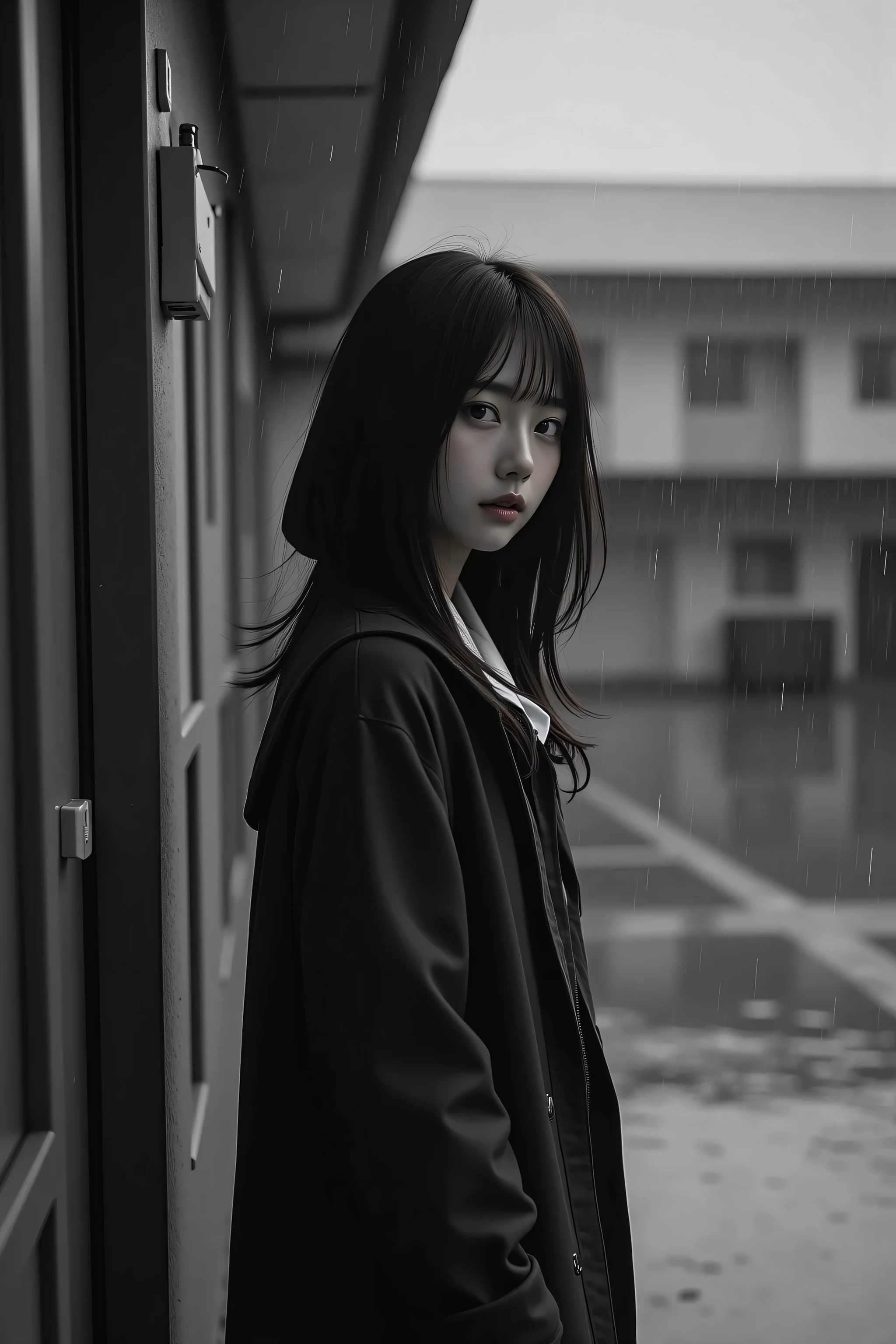 18-year-old Korean idol girl, Transfer Student Standing Alone、Wearing a Hooded Uniform and Half of Her Face Is Hidden in the Shadows、Looking at the Rainy Schoolyard、Black and White Hues、Melancholy Atmosphere、realistic texture、cinematic composition