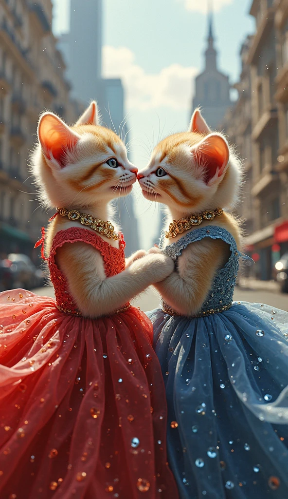 two small rich white kitten girls, one red color dress and one blue color drees , Expensive jewelry on their body, theyy are laugh . Luxurious city view behind.