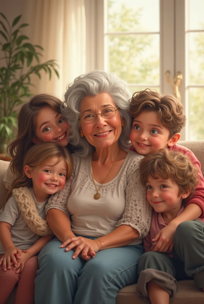 Very old, happy grandma , with medium straight white hair, wearing glasses and blue eyes, white skin and wearing a flower blouse with several grandchildren 