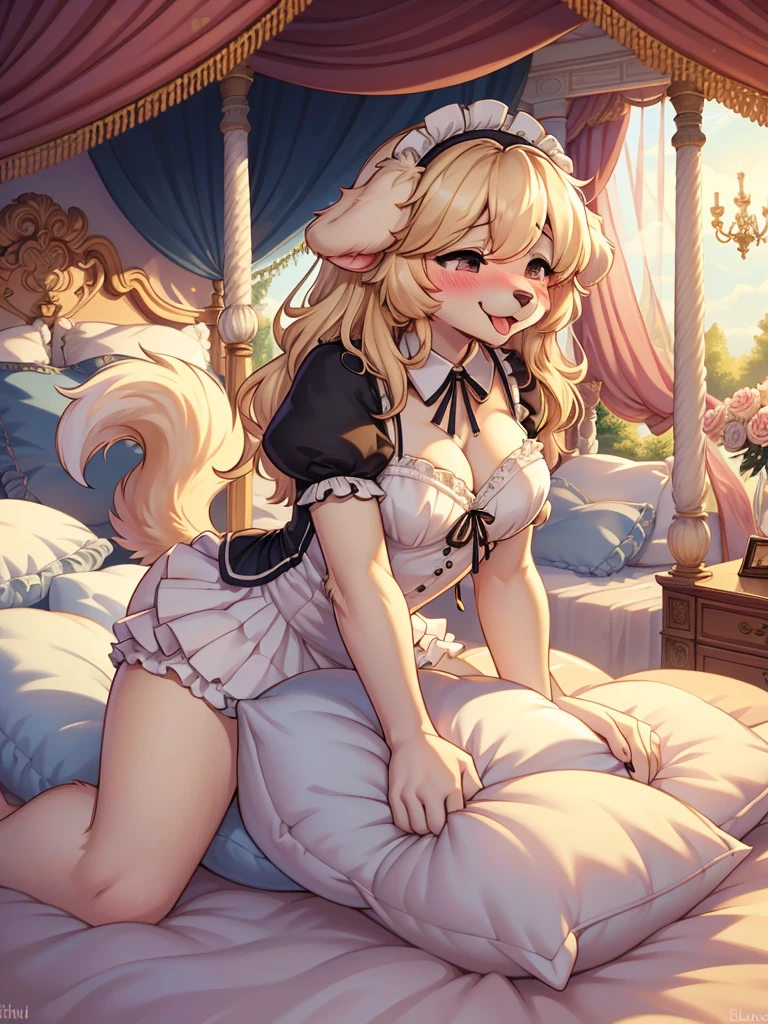 （masterpiece，best quality），mine, The Beast, , (Light and shadow suitable for any Pillow background））, Cute girl in maid costume posing on Pillow, Maid costume，White，nature,, (blush),a smile，Pillow,（Lots of Pillow），Soft cushion，（canopy bed），（Pillow），Lots of Pillow，（Friction in the crotch），（（Pillow Hump）），（A tail），（Around the protagonist），steam，（Pillow），（Luxury Pillow），（Palace Pillow Pattern Pillow），（palace），（Palace bedroom），（Gorgeous Pattern Pillow），Soft Pillow，，（Classical European style bedroom ），（excited，shy person，Lack of expressiveness，），pillow hump,Fox Girl，(Deluxe Rococo Canopy King Bed),Luxurious curtains with ornate ruffles and ribbons hang around the large bed.,((((The bed is piled with many Pillows)))),Quilt details,Detailed bed linen,Ruffled Bed Skirt,Deep Bed,Background with depth,((Pillow in detail)), ((((A Lot of Pillow))))，,，Detailed Soft Pillow,,((女孩正躺在许多Soft Pillow上,There are many Pillows around))，、、In a large canopy bed、Soft sheets and quilts、Colorful soft Pillow、Lots of Ruffled Pillows and Ruffled Bed Skirts、Soft toned bed、Ruffled curtains around the bed.。Delicate face，（Gorgeous pattern pillow），Soft pillows，，（Classical European style bedroom ），（excited，Opened his mouth，Shy，），ifox girl，Lace pantyhose，peeing,urine