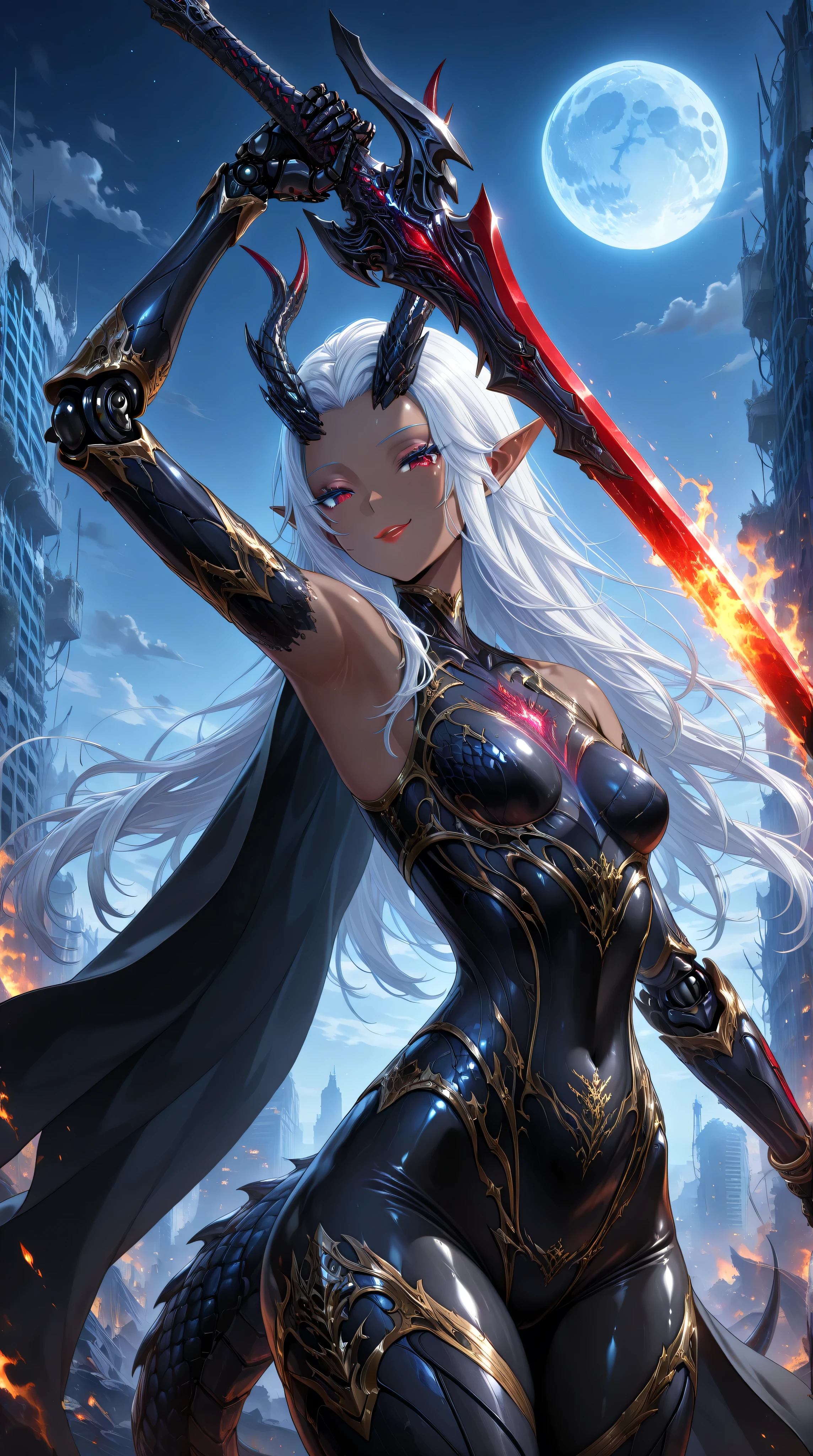 (cowboy shot),masterpiece,best quality,official art,extremely detailed CG unity 8k wallpaper,extremely detailed background, fantasy art, intricate details, (Sci-fi style), (Mechanical style),1girl,aorun,dark elf,dark-skinned female,solo,dark skin,red eyes,white hair,long hair,small_breasts,black Mechanical body,black mechanical parts, black mecha corset,blue robot joints,black mechanical arm,anklet, thick thighs,red lip,(black mecha musume),lustrous skin,shiny skin,black dragon mecha armor,gold trim,neon trim,(black cape is floating),dragon horn,dragon tail,dragon hamtel,wide hips,thick thighs,makeup,bare shoulders,black bodysuit,armored bodysuit,black helmet,(upper body)
outdoor,building_ruins,burning city,black night,blue moon,seductive smile,flying in the sky,holding sword,arm up unsheathing sword