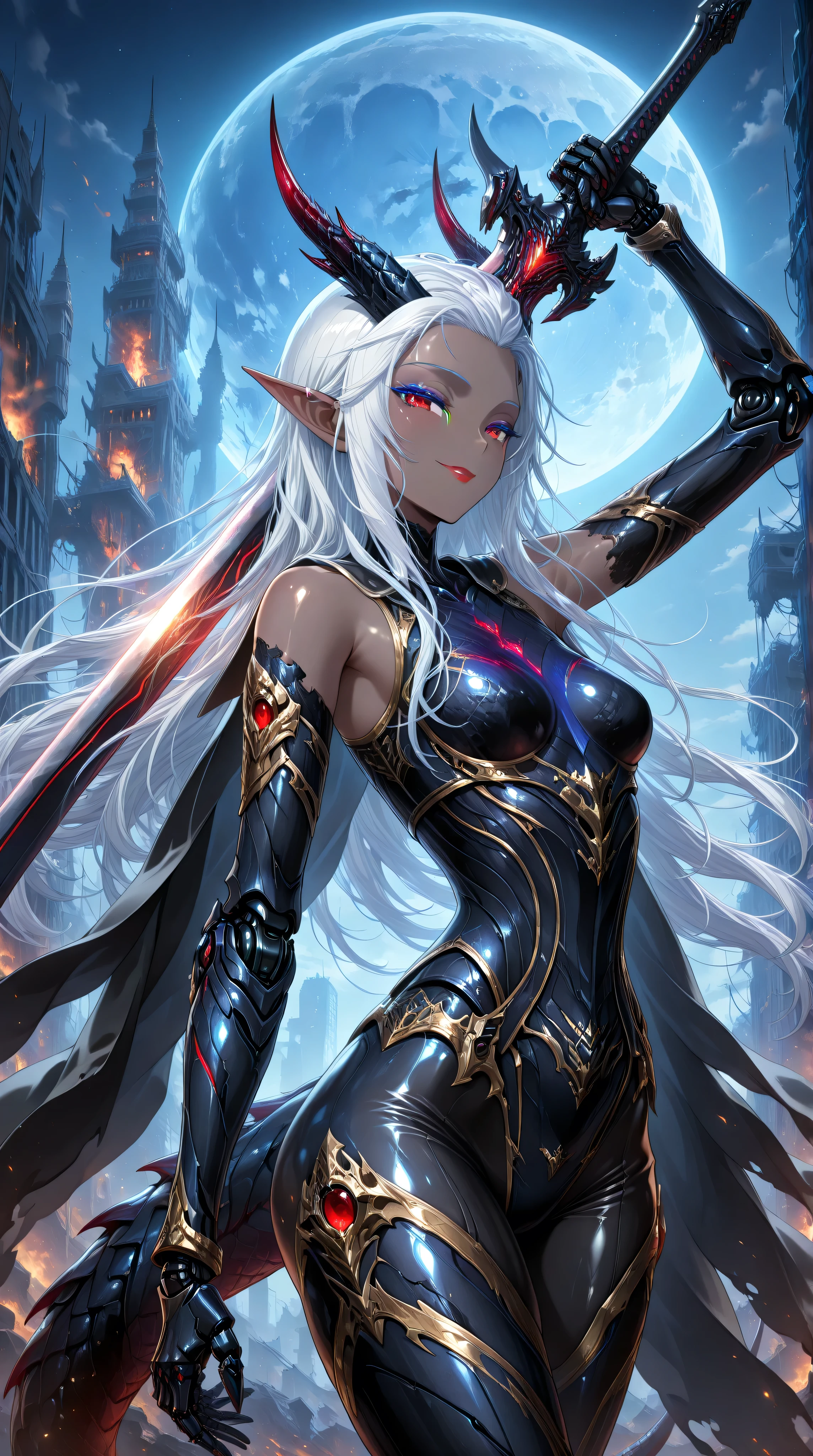 (cowboy shot),masterpiece,best quality,official art,extremely detailed CG unity 8k wallpaper,extremely detailed background, fantasy art, intricate details, (Sci-fi style), (Mechanical style),1girl,aorun,dark elf,dark-skinned female,solo,dark skin,red eyes,white hair,long hair,small_breasts,black Mechanical body,black mechanical parts, black mecha corset,blue robot joints,black mechanical arm,anklet, thick thighs,red lip,(black mecha musume),lustrous skin,shiny skin,black dragon mecha armor,gold trim,neon trim,(black cape is floating),dragon horn,dragon tail,dragon hamtel,wide hips,thick thighs,makeup,bare shoulders,black bodysuit,armored bodysuit,black helmet,(upper body)
outdoor,building_ruins,burning city,black night,blue moon,seductive smile,flying in the sky,holding sword,arm up unsheathing sword