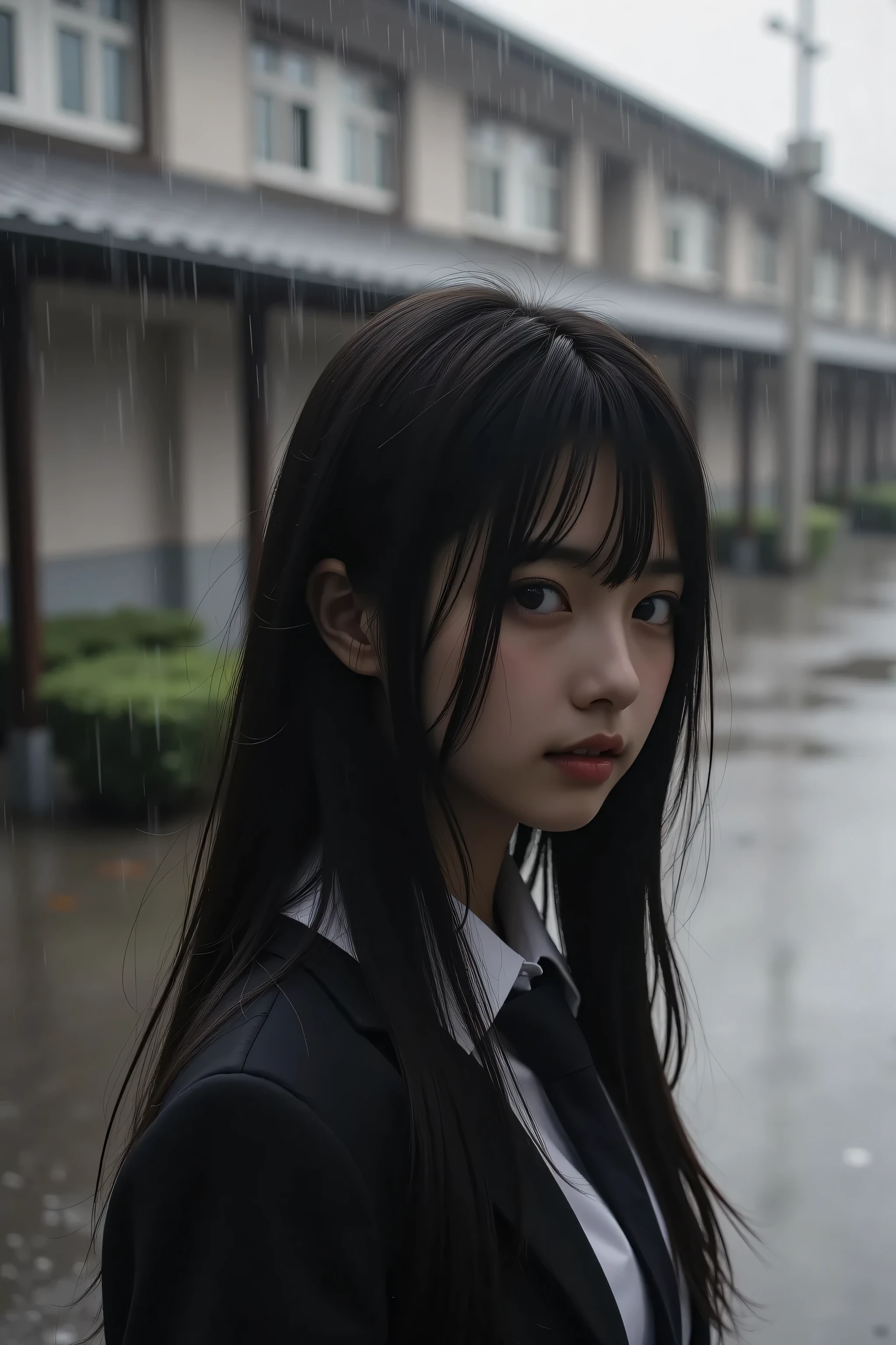 18-year-old Korean idol girl, Transfer Student Standing Alone、Wearing a Hooded Uniform and Half of Her Face Is Hidden in the Shadows、Looking at the Rainy Schoolyard、Black and White Hues、Melancholy Atmosphere、realistic texture、cinematic composition