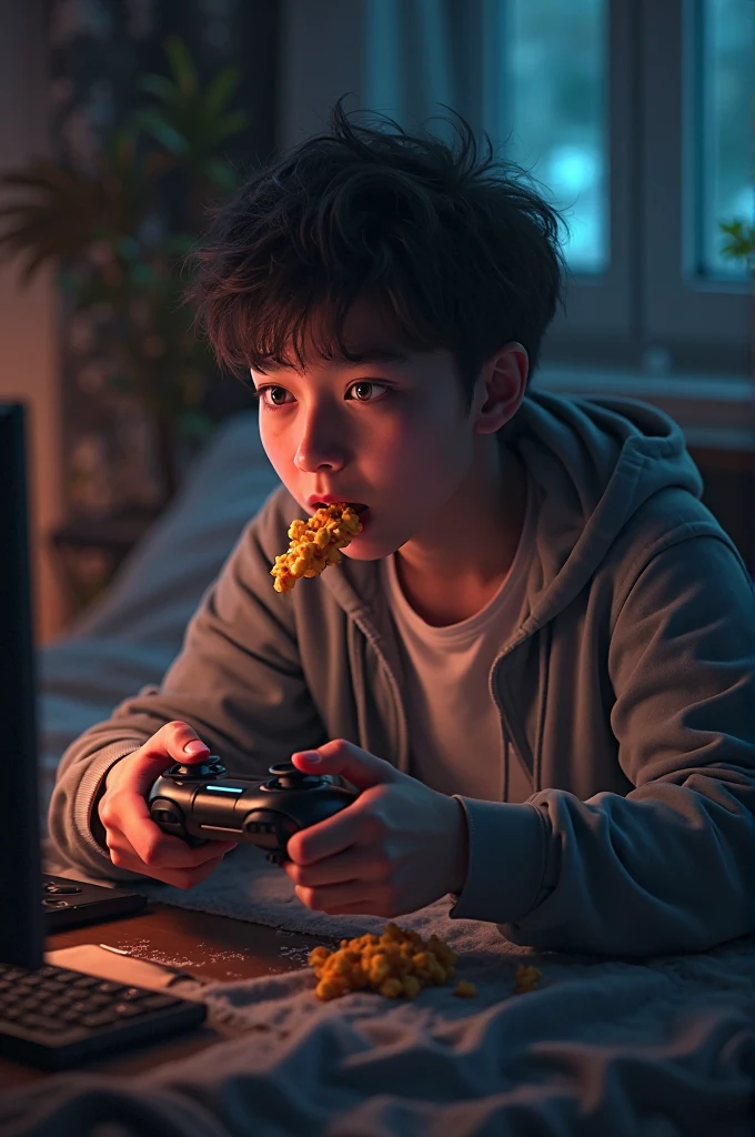 (Photorealism:1.2), small dark-haired European man with cigarette in mouth playing with his Playstation 5 controller where the charging cable is plugged in. Next to him there should be chips and cola and Ferrero kinder cards. Brockel is said to be written on his polo shirt 