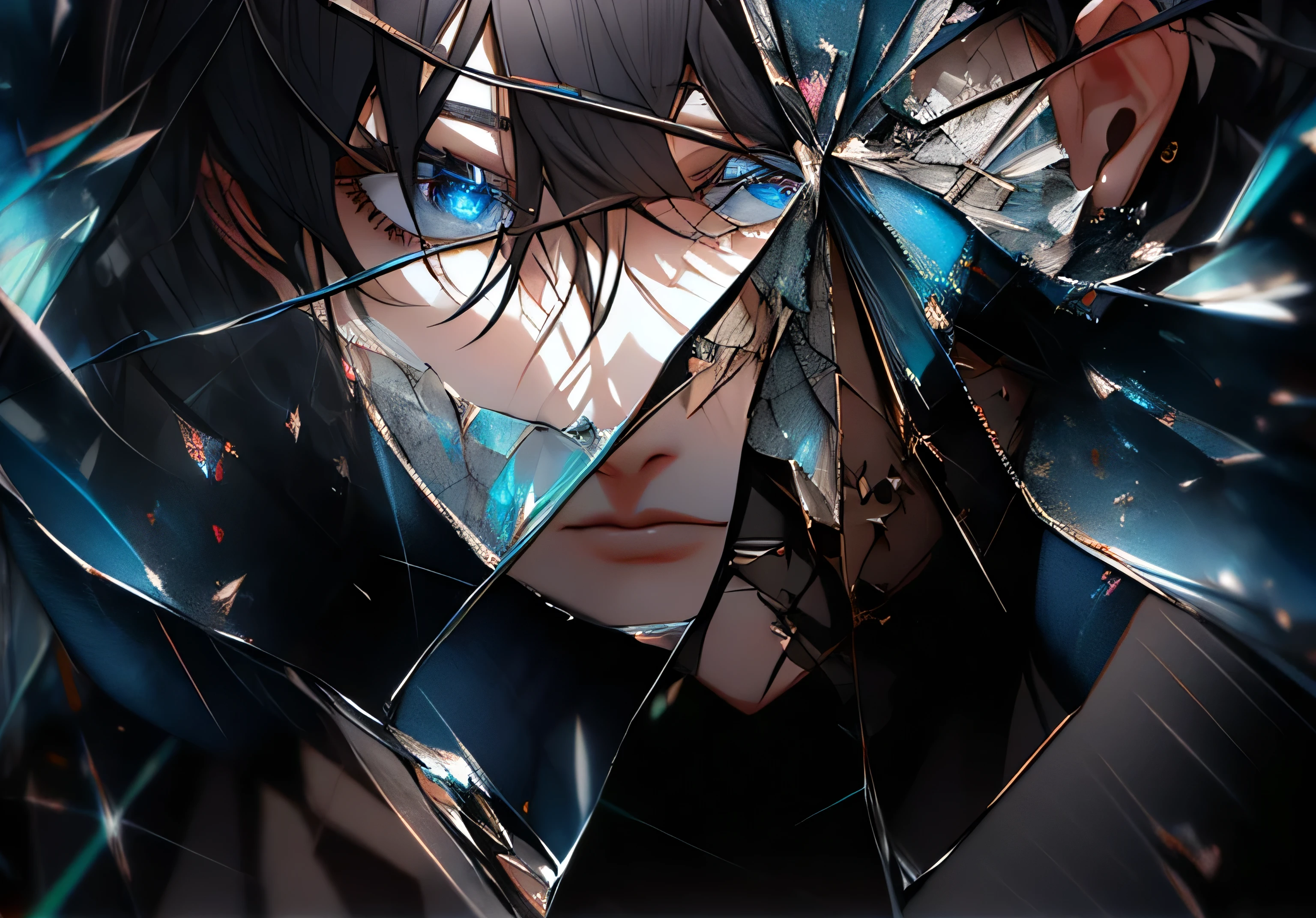 masterpiece,best quality,ultra-detailed,very detailed illustrations,extremely detailed,intricate details,highres,super complex details,extremely detailed 8k cg wallpaper, (male_face) anime boy, scruffy black hair, bangs, Blue eyes, long earrings, black hoodie, blue demon horns, blue katana, at the back ,looking through broken glass, shattered glass, broken glass, long haired, black hair, void, black hair, cracked, shattered , angry expression