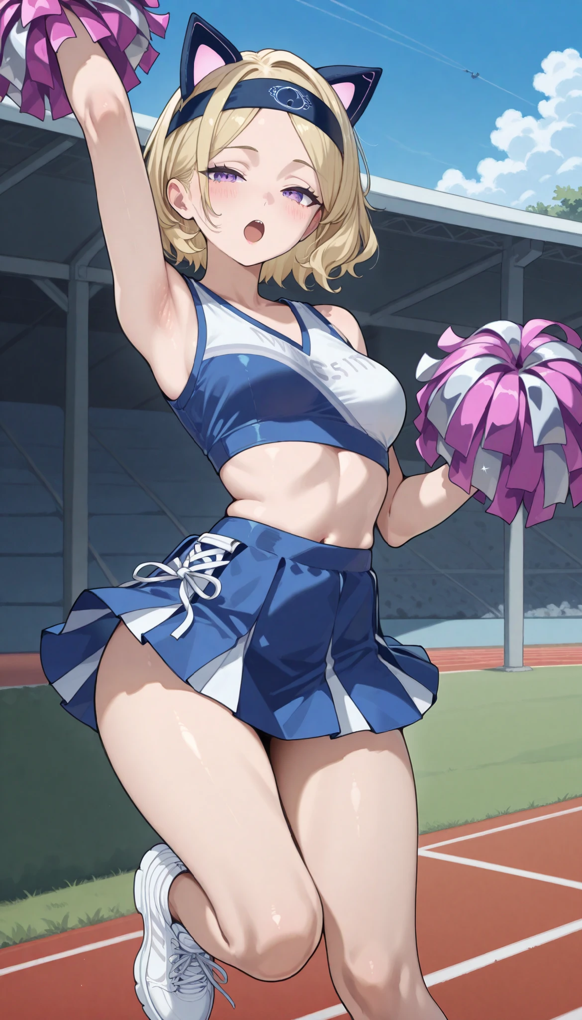 (top quality), ( more), ( best picture ), (걸작), detail line art, anime style, vivid color, beautiful mature Anglo-Saxon woman with feminine body, sharp jawline , perfect body ratio, Very small head, very small face, perfect anatomy, anatomically accurate, ideal proportions, legs long, perfect body, perfect style, Perfect balance, delicate facial features, beautiful detailed women , VERY DETAILED eyes and face , Pinkish Glowing Skin, Vivid purple eyes , realistic beautiful face, realistic beautiful eyes, middle chest, slender, (blonde hair, wavy hair, No bangs . short hair), (Navy blue cheerleader conquers, white sneakers, cat ear-shaped headband), (Outdoor 축구장의 잔디가 깔린 곳에서 열심히 치어리딩하고있다.), Outdoor, blush. open mouth, feet out of frame. armpits. trying his best. Serious Expression.