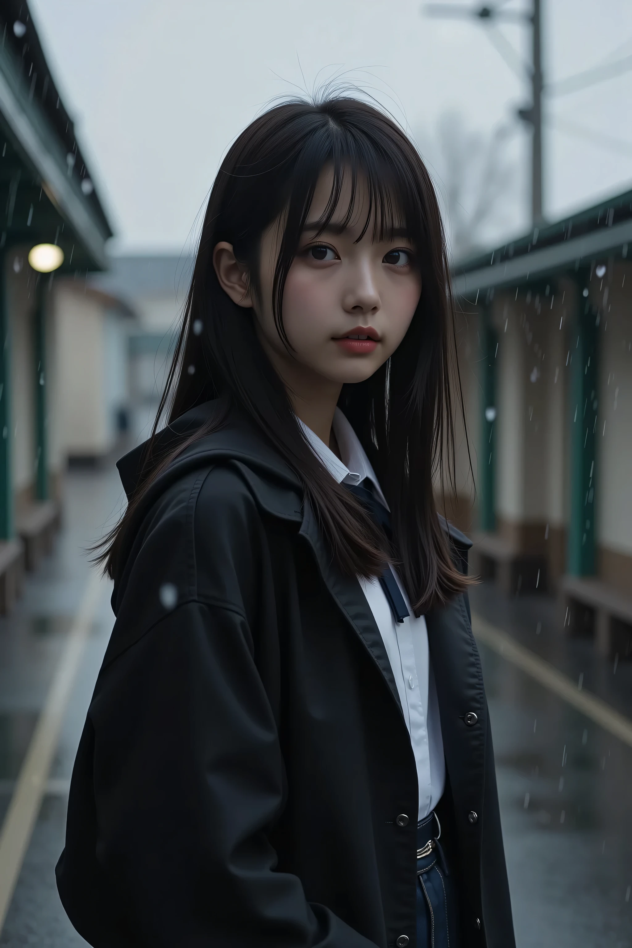 18-year-old Korean idol girl, Transfer Student Standing Alone、Wearing a Hooded Uniform and Half of Her Face Is Hidden in the Shadows、Looking at the Rainy Schoolyard、Black and White Hues、Melancholy Atmosphere、realistic texture、cinematic composition