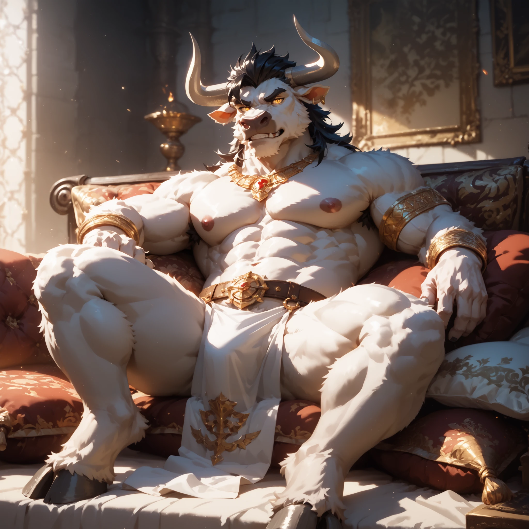 ((Oil painting style, Masterpiece)) realistic minotaur, male, glossy skin, bullhead, soft stomach, wearing a sheer loin cloth, casual pose, white fur, black hair, gold colored eyes, grim expression, square jaw, lounging on pile of pillows on ground, inside a labyrinth, fire braziers casting soft light
