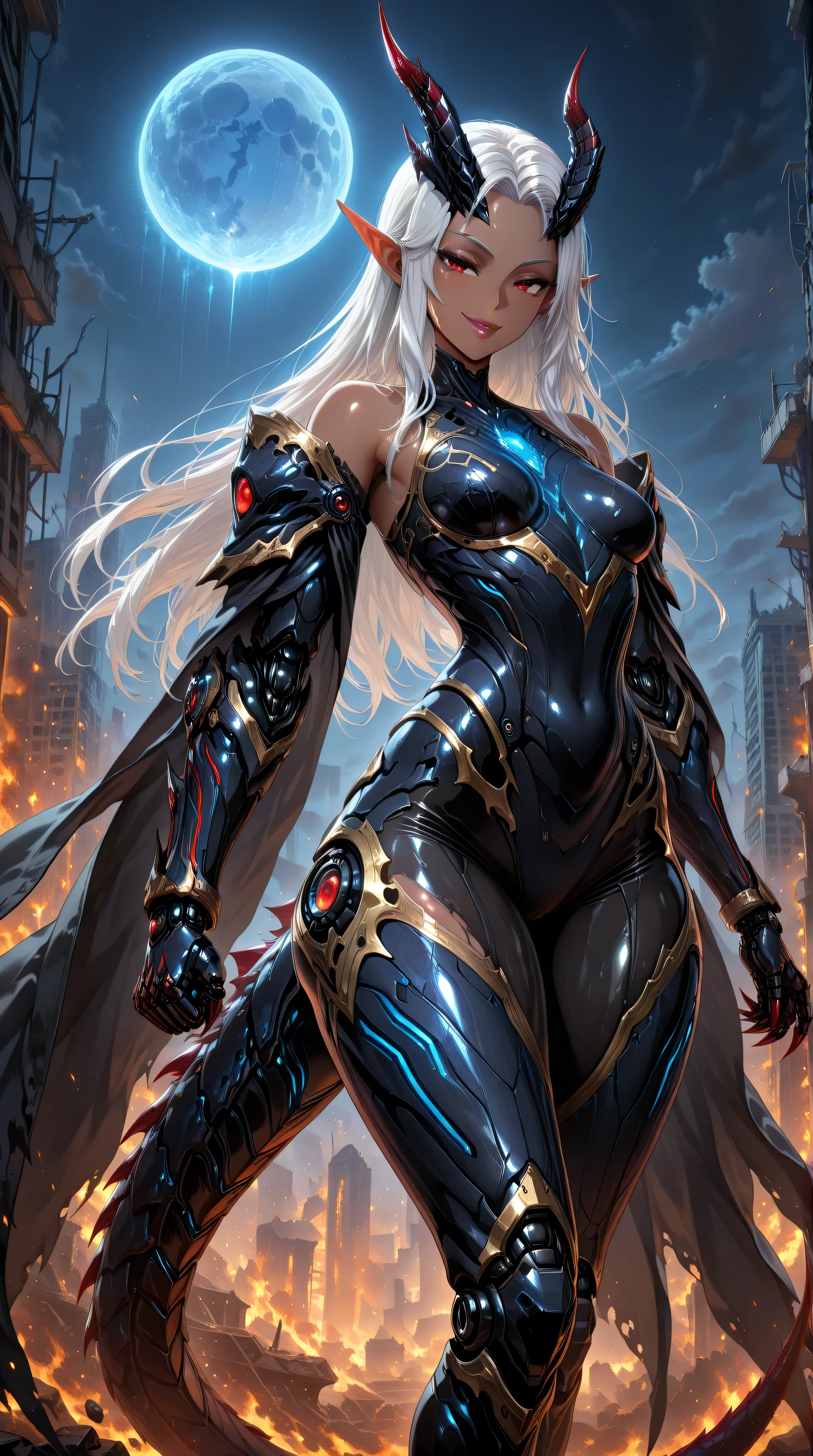 masterpiece,best quality,official art,extremely detailed CG unity 8k wallpaper,extremely detailed background, fantasy art, intricate details, (Sci-fi style), (Mechanical style),1girl,aorun,dark elf,dark-skinned female,solo,dark skin,red eyes,white hair,long hair,small_breasts,black Mechanical body,black mechanical parts, black mecha corset,blue robot joints,black mechanical arm,anklet, thick thighs,thick lips,(black mecha musume),lustrous skin,shiny skin,black dragon mecha armor,gold trim,neon trim,(black cape is floating),dragon horn,dragon tail,dragon hamtel,wide hips,thick thighs,makeup,bare shoulders,black bodysuit,armored bodysuit,black helmet,upper body
outdoor,building_ruins,burning city,black night,blue moon,seductive smile,flying in the sky,rising fist, claws