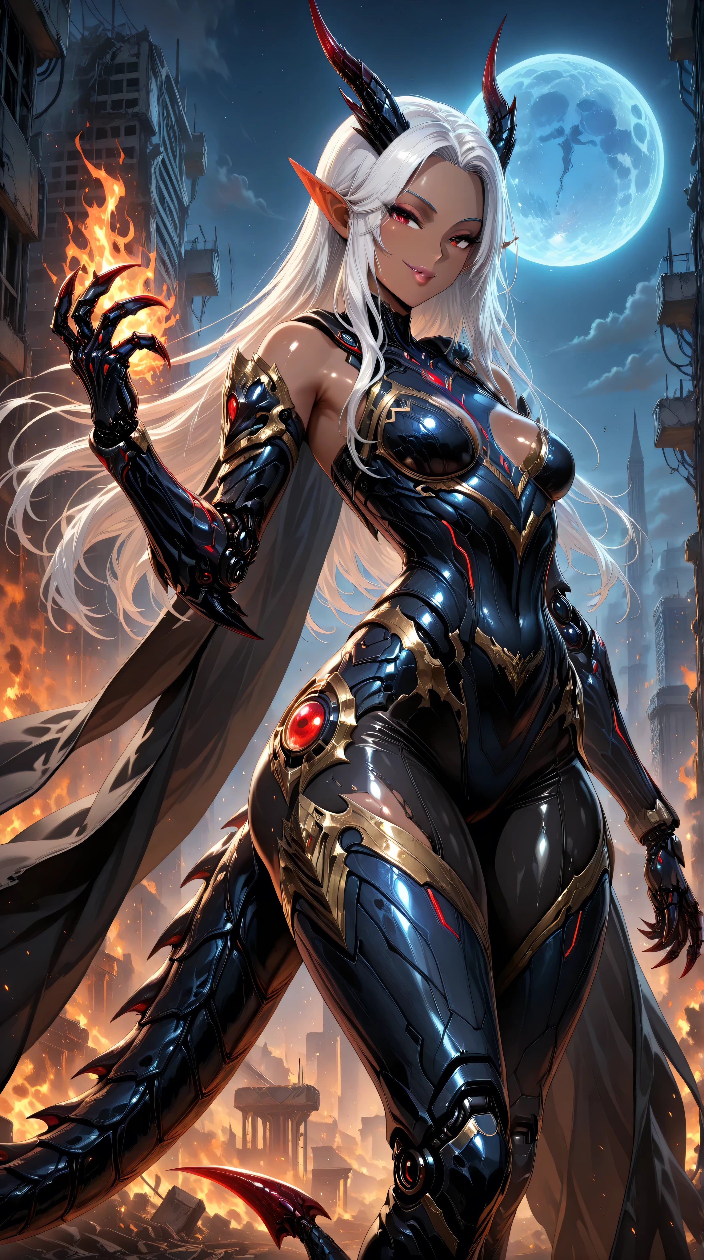 masterpiece,best quality,official art,extremely detailed CG unity 8k wallpaper,extremely detailed background, fantasy art, intricate details, (Sci-fi style), (Mechanical style),1girl,aorun,dark elf,dark-skinned female,solo,dark skin,red eyes,white hair,long hair,small_breasts,black Mechanical body,black mechanical parts, black mecha corset,blue robot joints,black mechanical arm,anklet, thick thighs,thick lips,(black mecha musume),lustrous skin,shiny skin,black dragon mecha armor,gold trim,neon trim,(black cape is floating),dragon horn,dragon tail,dragon hamtel,wide hips,thick thighs,makeup,bare shoulders,black bodysuit,armored bodysuit,black helmet,upper body
outdoor,building_ruins,burning city,black night,blue moon,seductive smile,flying in the sky,rising fist, claws