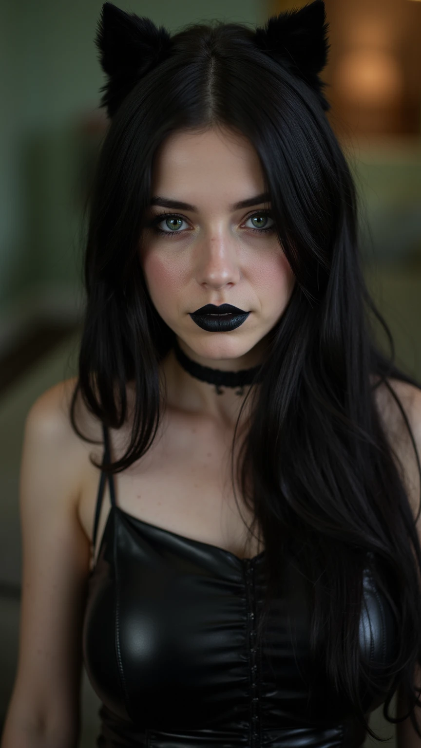 score_9, score_8_up, score_7_up, score_6_up, score_5_up, score_4_up, gothic girl, gothic, egirlmake up, choker, (pretty face, cute face, 18 years old) Expressive, ASCII girl 1, black hair, green eyes, black latex dress, medium breast, upper body, photoshoot, 4k, big lips, choker, heavy makeup, black lipstick, eyeliner, long hair, freckles