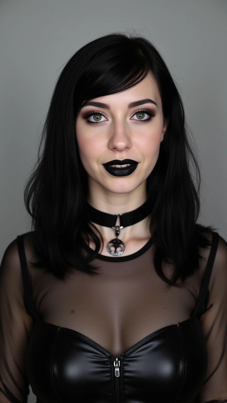 arafed woman with black lipstick and a choke and choke necklace, pale goth beauty, 1 7 - year - old goth girl, goth girl, very beautiful goth top model, pale skin and dark eyes, wearing goth makeup, wearing black choker, wonderful dark hair, dark hair and makeup, black bob hair, raven black hair, goth vibe, gothic horror vibes