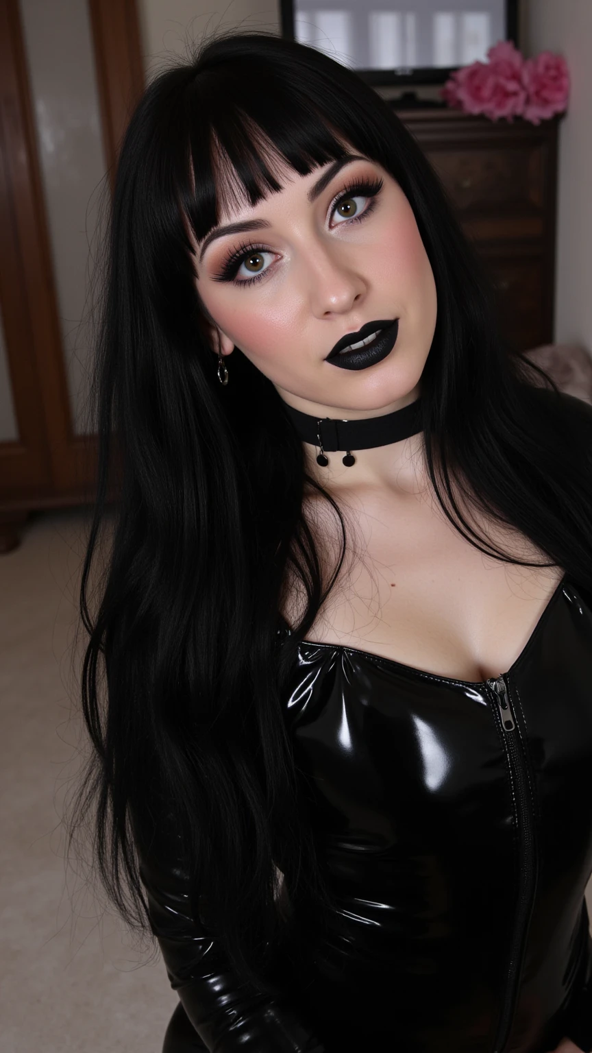 um close up de uma mulher com longos cabelos pretos e um vestido preto, goth girl aesthetic, goth girl, goth makeup, gothic aesthetic, 1 7 - year - old goth girl, wearing goth makeup, bubble gothic makeup, goth makeup, goth eyeliner, goth vibe, cabelo e maquiagem escuros, gothic aesthetic, dark goth queen, cabelo preto longo com franja, estilo anime todo detalhado