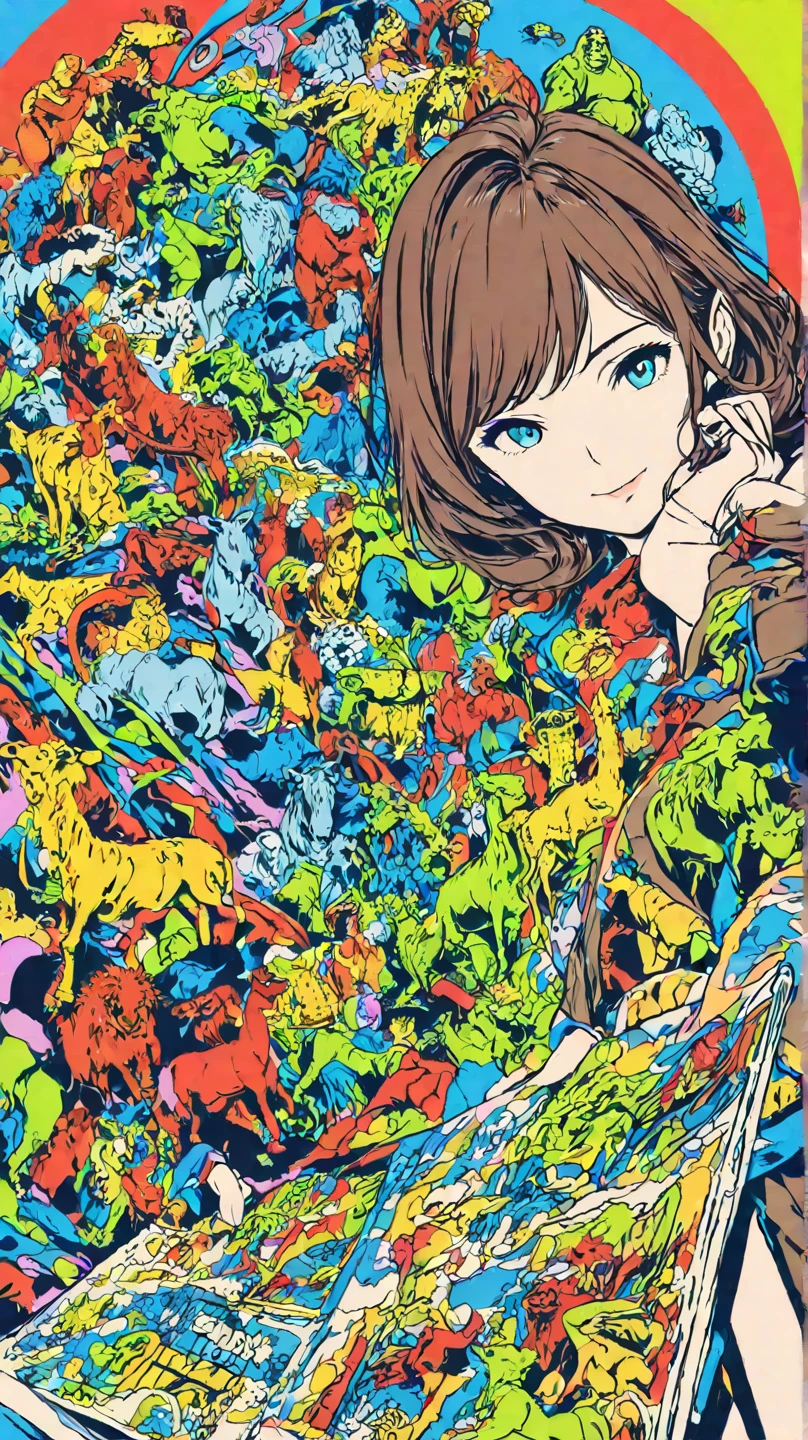 (superflat, flat shading, flat colors:1.1),(magazine cover), 1girl, loli, , yellow black striped swimsuit, (attacked by bees), running away, scare, screaming, emotional, dynamic pose, forest in background, blue sky, volumetric lighting, soft light, bright, colorful, watercolor