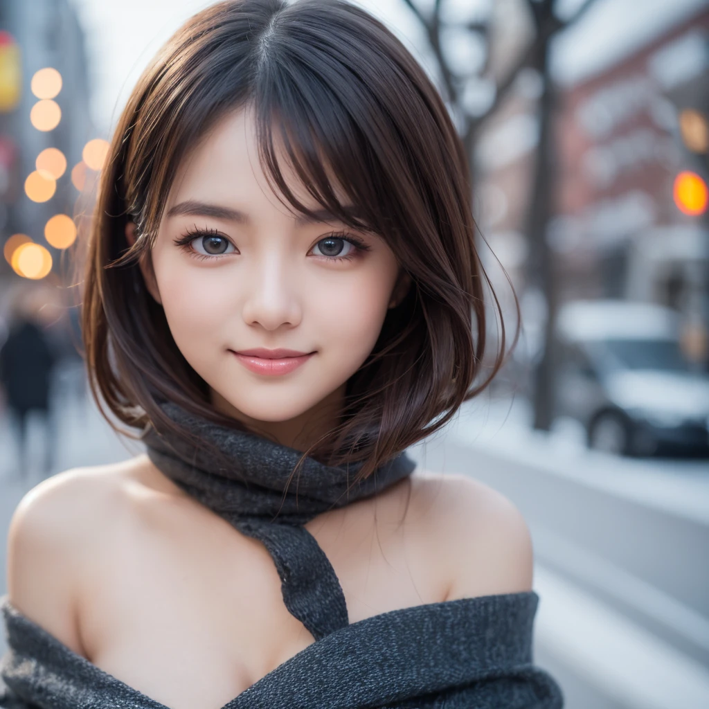 Cute 21 years old Japan、shopping、natta、nighttime scene、Christmas、date、Super Detail Face、Eye of Detail、二重まぶた、beautiful thin nose、foco nítido:1.2、prety woman:1.4、(light brown hair,short-haired、),fair white skin、top-quality、masterpiece、超A high resolution、(Photorealsitic:1.4)、Highly detailed and professional lighting smile、cute fancy winter clothes、Cute muffler、B cup breasts、