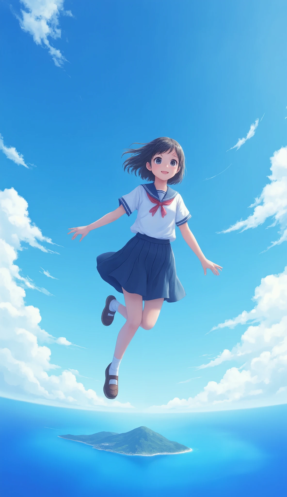 in the high-definition image、cute 18-year-old Japanese high school student、 very cute face 、 Girl flying in the sky、 Face Details 、 photos、Actual item、Full body high definition image、 blue sky and a few clouds 、and the deep blue sea below、There is an island in the ocean々Dotted 。