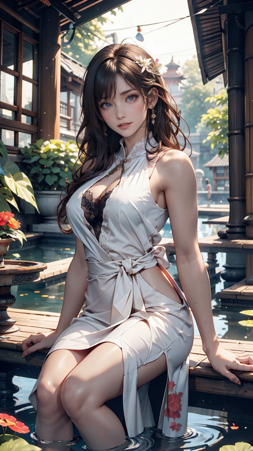 ((((highest quality))))、(((Ultra-precision CG16K wallpaper)))、(((masterpiece)))、(((Super detailed)))、(((Extreme detail)))、((1Mature 29 year old woman:1.6))、((Very beautiful Japanese faces))、((Zuo々Nozomi:1.5))、((Straight medium hair、blunt bangs:1.5))、(Shiny brown hair)、Beautiful brown eyes、Clearly defined pupils and whites of the eyes、eyeliner、eye shadow、High nose、Small nostrils、Small Mouth、Seductive lips、Beautiful breasts、((C cup size breasts))、Cleavage、Beautiful feet、eight-headed body、Perfect proportions、Perfect Anatomy、Perfect composition、Beautiful detailed shading、Beautiful, natural lighting、Beautiful detail glow、Depth of written boundary、(((High chroma)))、(((Real:1.9)))、((vivid:1.5))、((Beautiful Skin))、((Skin Texture))、((Realな皮膚感))、(((Cowboy Shot:1.6)))、((Front view、shoot from front、Front low angle:1.6))、(((smile:1.6)))、((The woman is looking at this、looking at viewer、Facing forward:1.6))、Bright daylight、Natural light、(((Grass Square、Trees:1.5)))、(Fashion model pose:1.6)、(((Floral sleeveless mini dress with slit and belt:1.6)))、((Earrings、Wearing a necklace:1.3))、((Knee-high socks:1.3))、