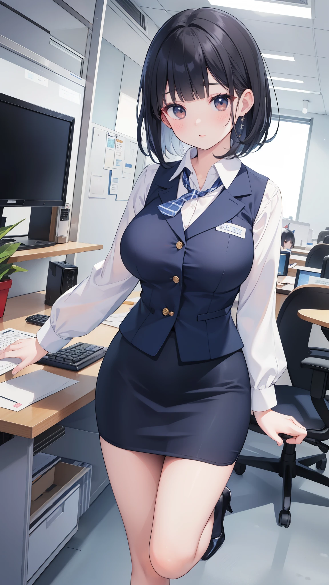 perfect body, sensual cleavage, medium breasts, feminine suit and tie, wearing Ultra HD tight shorts, 4k image, best image quality, (fidelity: 1.4), photoreal, light green eyes, eyelashes, beautiful pupil, shadows, light blush, delicate facial features, reasonable facial features, exposed waist, natural poses, showing her beauty, half naked