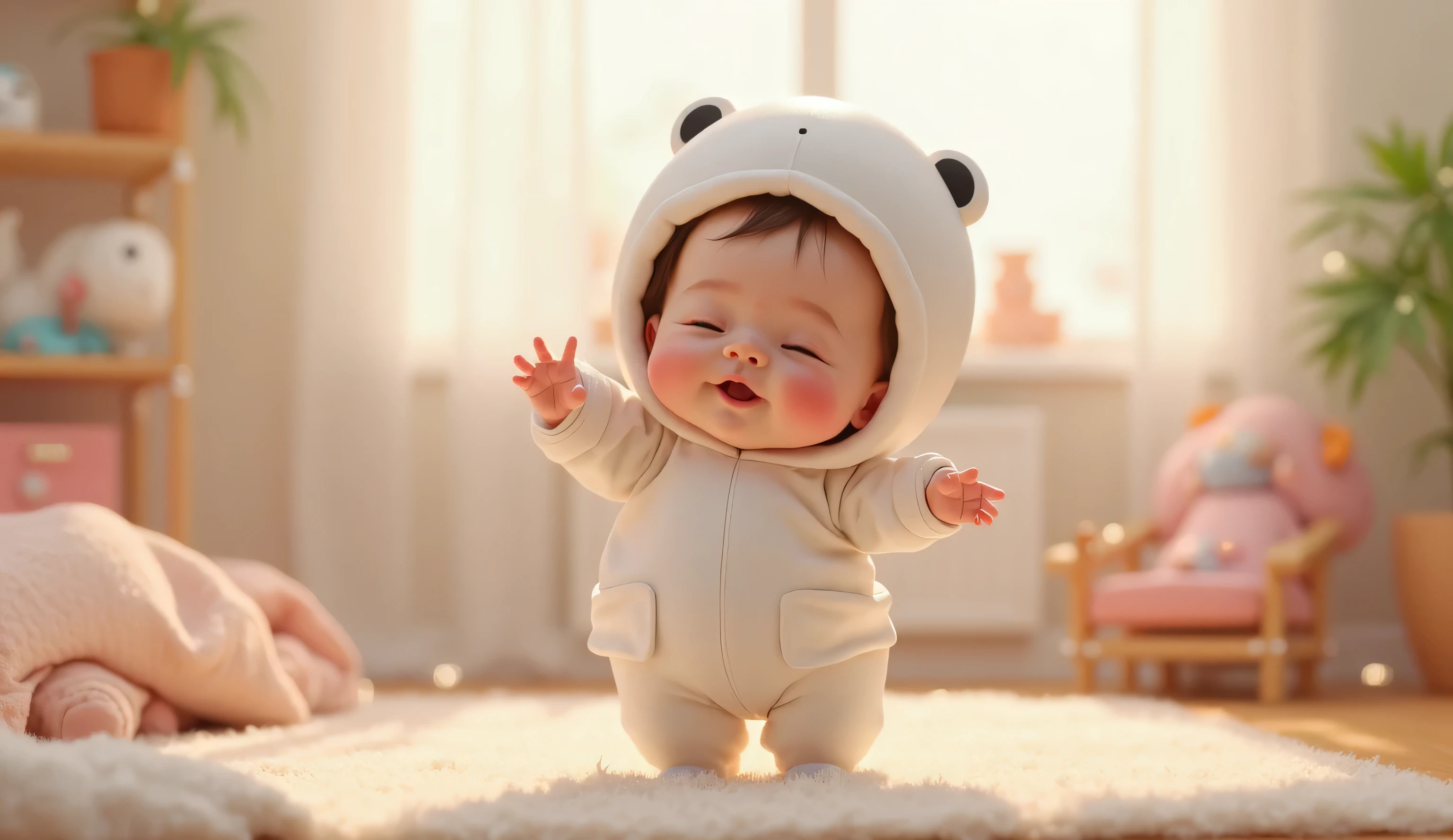 Little boy wearing giant panda clothes,Sitting sideways,Fundo sala de estar,Children's toys around,Disney style,Medium shot,wide wide shot,8K