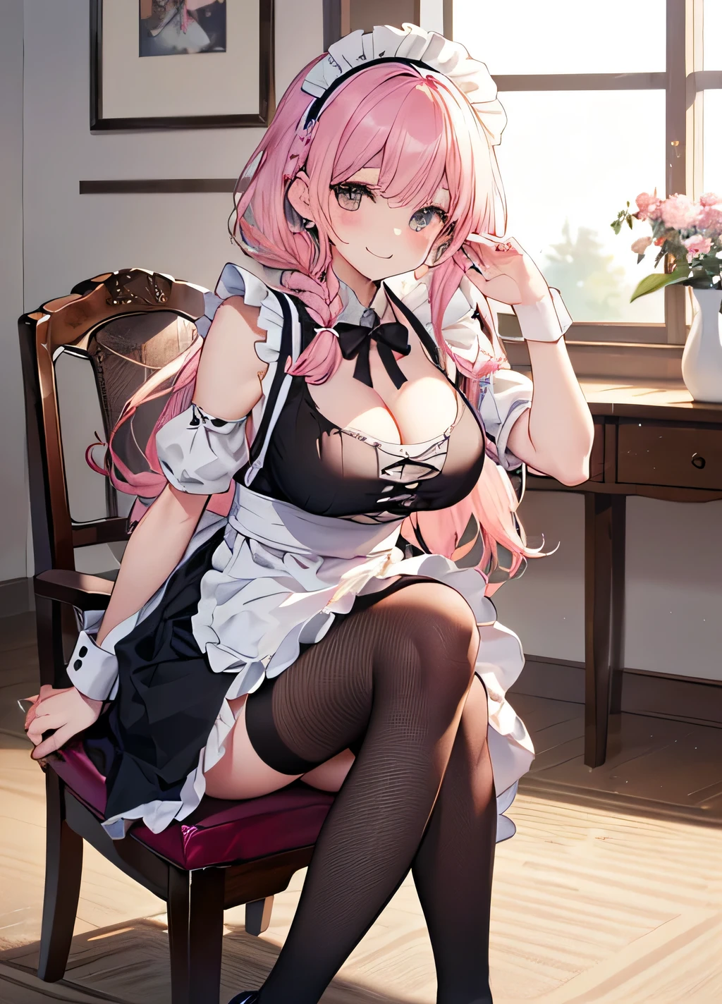 Maid clothesを着た女性が膝まづいている, A woman is kneeling while showing her pink panties, woman is touching her breasts、high ponytail, slender body, large breasts,erection of nipple, panties, underwear, skirt, lacy pink panties、dark pink, Draw panties with super precision, side-tie panties, satin panties, lying, thighhighs, garter belt, skirt lift, show off panties, realistic, maniac、deep night sky、horror、black dark eyeshadow、It's so bright to be crying、lament、Good skin gloss、restless palace、expression of sexual excitement、fragrant beauty、22 years old、Liar、attraction、Expression of strong sexual pleasure、embarrassed look、Maid clothes、obscene look、table top、highest quality、Browse 5 books、Sweat shines on my chest、Expression of sexual pleasure in pain、drunk face、A face that is holding back the toilet、軽薄なMaid clothes、The body is wet and shiny、transcendent sex appeal