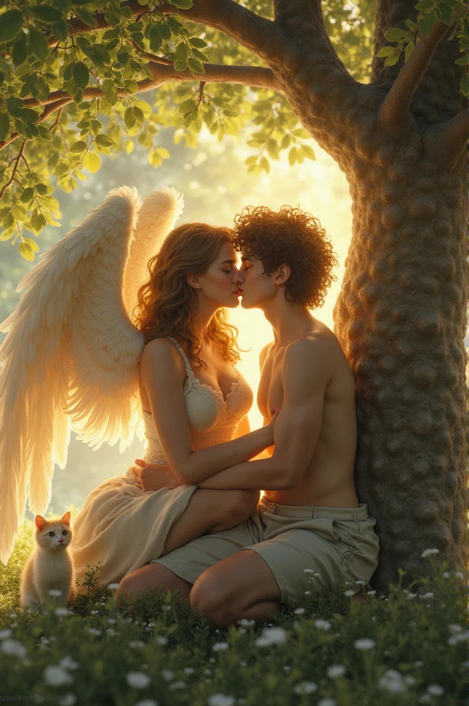 a beautiful angel without clothes covering her ,piled on top of a young man with curly shoulder length hair facing each other kissing sitting leaning under a shady Eden tree where a cat can be seen sitting watching him . hyperrealistis 24k