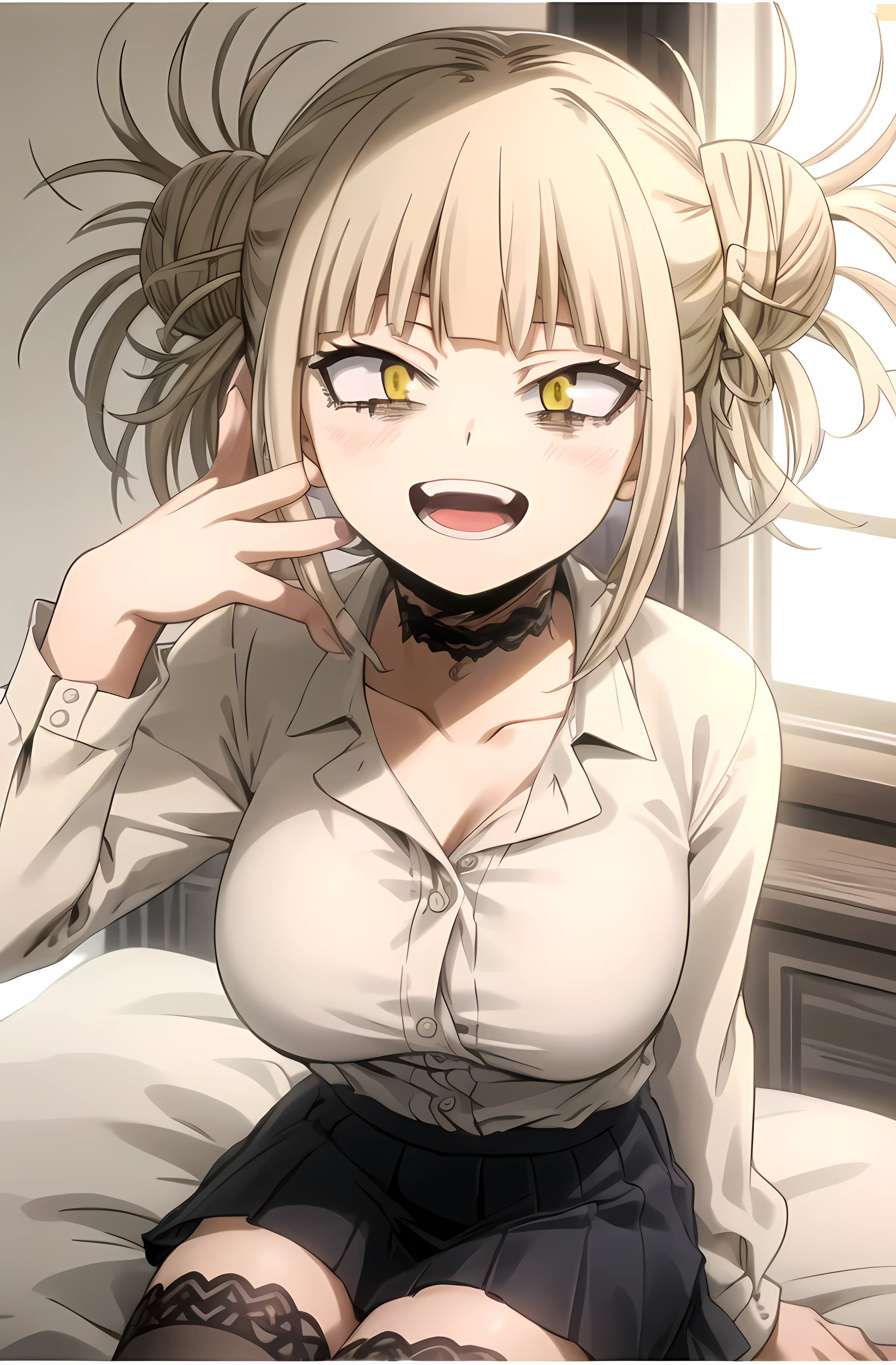 (himikotoganova), (1girl, solo), (perfect eyes), simple background ,blonde hair, double bun, messy hair, bangs, big breasts, yellow eyes, bags under eyes, smile, open mouth, (lace stockings, mini skirt, shirt,), (thigh:1.2), looking at viewer, cute face, choker, sitting on bed, blushing