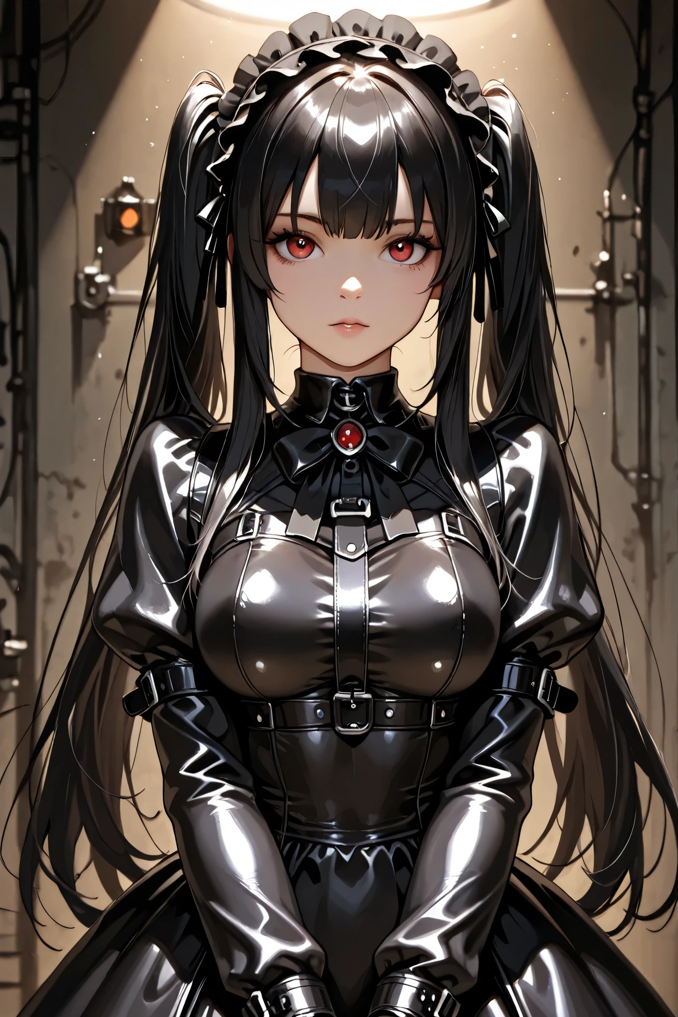  black hair、red, pale eyes、 straitjacket、Gothic Lolita、latex、( cyborg)、(Heavy Armor)、cute、 girl、 high 、very big breasts、(Big Breasts)、 sexy、(anime style)、high image quality、high quality