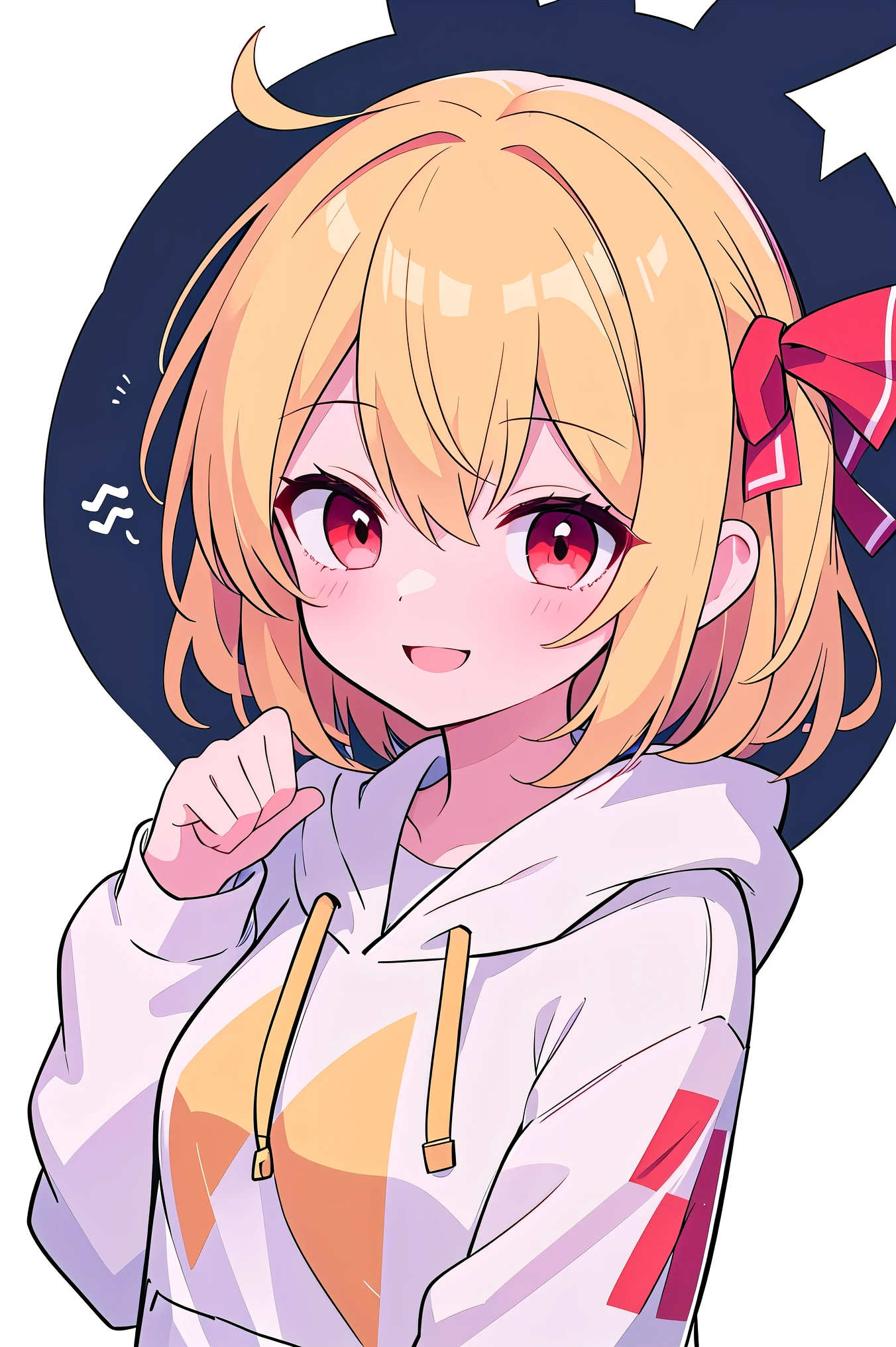 detailed background, masterpiece, Best Quality, Emoji豊か、upper body、1Alone、1By people、1Only people、only girl、Flanders Scarlett, , third-tailed yellow hair 、red eyes、 Gold、Short Hair、 short hair、about the age of a female college student、Touhou Project、Costume(white hoodie)、white hoodieを着ている、 look back、振り返ってsmile、 Emoji(smile)、Pure white background、