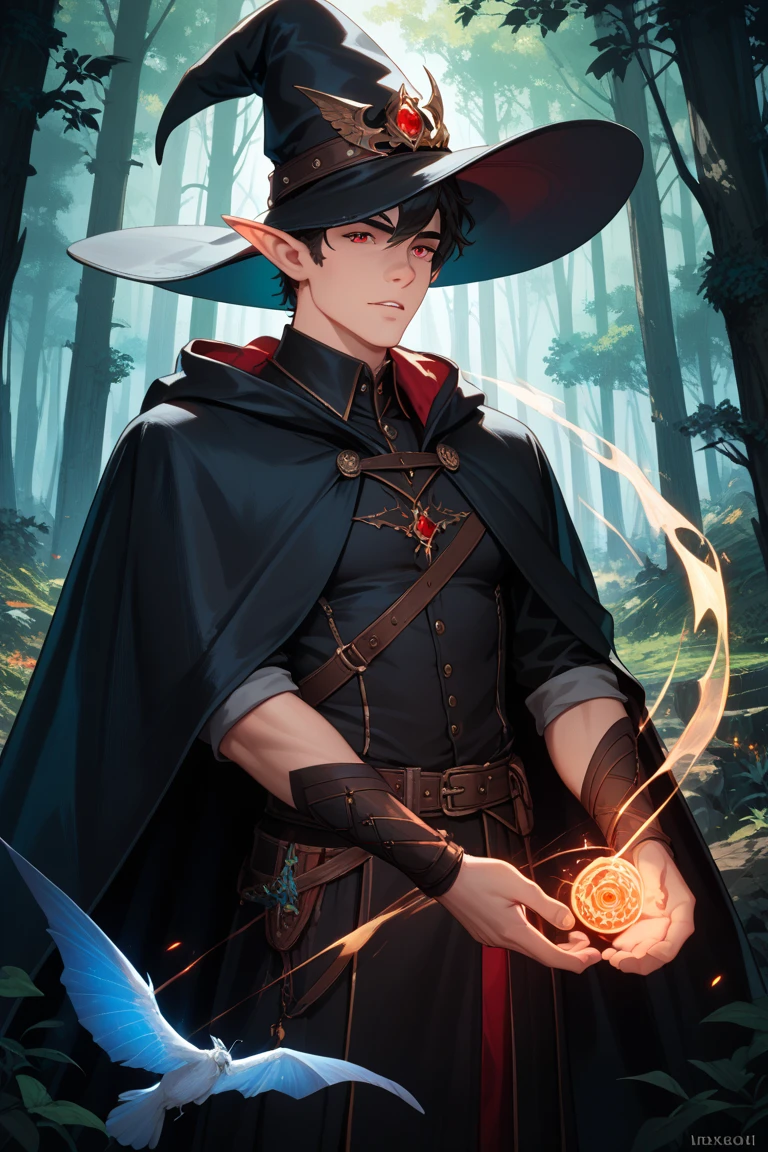  black hair、 red eyes、witch hat and black cloak、male、Elf