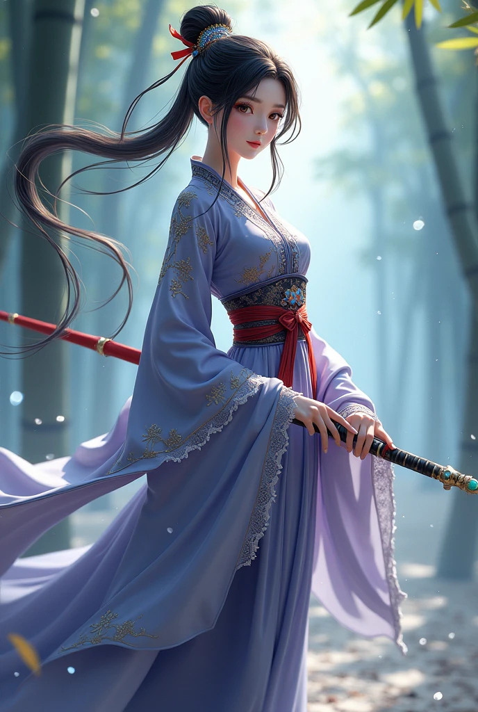 Hanfu beauty，Full length of colorful hair，full bodyesbian，ln the forest，natta，Fluorescence，Colorful birds，Colorful butterflies，In the forest，lake water，waterfallr，white dresses，White-purple clothing，Colorful Hanfu long dress，Extra-long colorful hair(2), messy  hair，Colorful Hanfu, Chinese style Hanfu，Off-the-shoulder attire，Exposed cleavage，Expose the collarbone，huge tit，Float，3D occlusion，realskin，realisticlying，Practice martial arts，Sword dance，galloping，Sit cross-legged，Surrounded by golden fairy air，White panty hose，over knee socks，No shoes，Top image quality，Institutional light and shadow，Bokeh，Domineering body movements，Standing painting，Characters are generated in two-thirds of the canvas，Consists of a grid of nine squares
