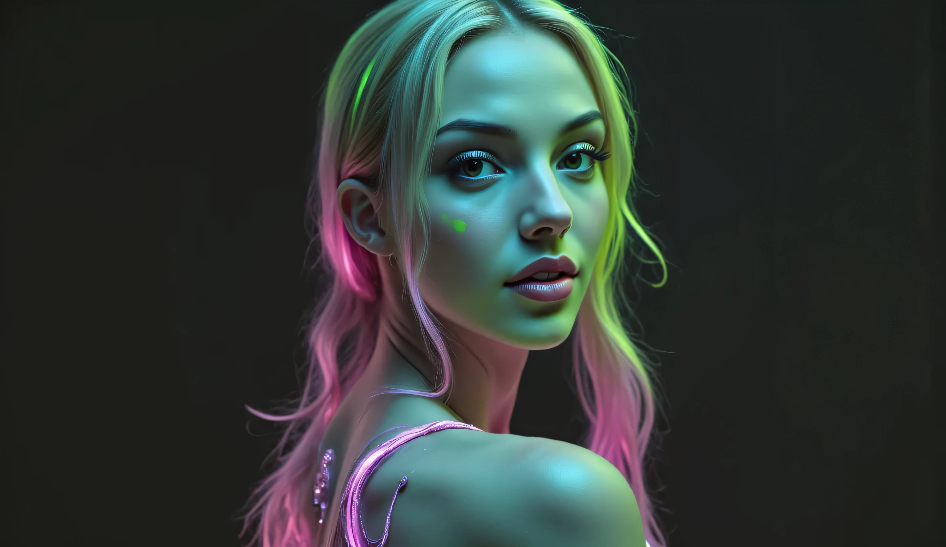 A girl in a movie，There are bright neon colors behind you，in the style of realistic hyper-detailed rendering，Soft gradients，Ruslan Lobanov，Bright fantasy，Bold shadows，Electric Colors，closeup cleavage，Pure lust  