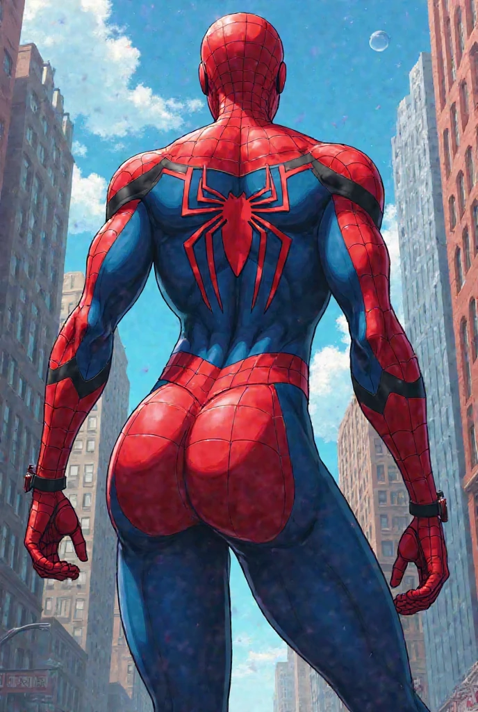 a buff brown wolf wearing a spiderman costume, red and blue bodysuit, spiderman costume, (tight), (spandex suit), (spider-man costume: 1.1), (solo: 1.1), (detailed), (masterpiece: 1.2), (fullbody), at a rooftop, by chunie