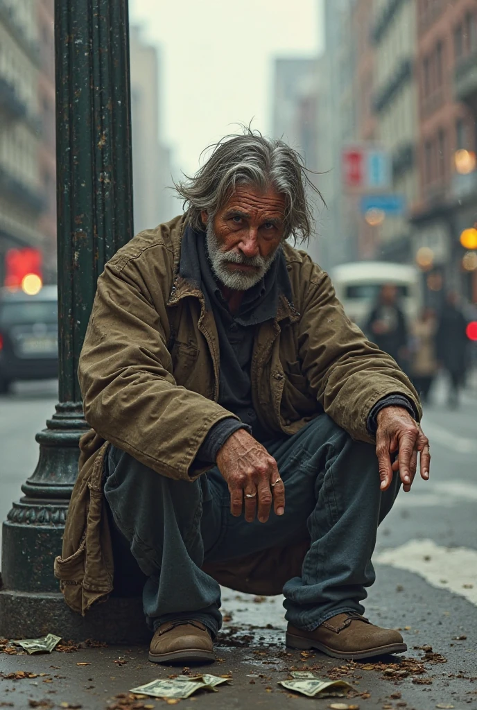 (photorealism:1.2), homeless man sitting,staring at you while one of his hands is in his pocket