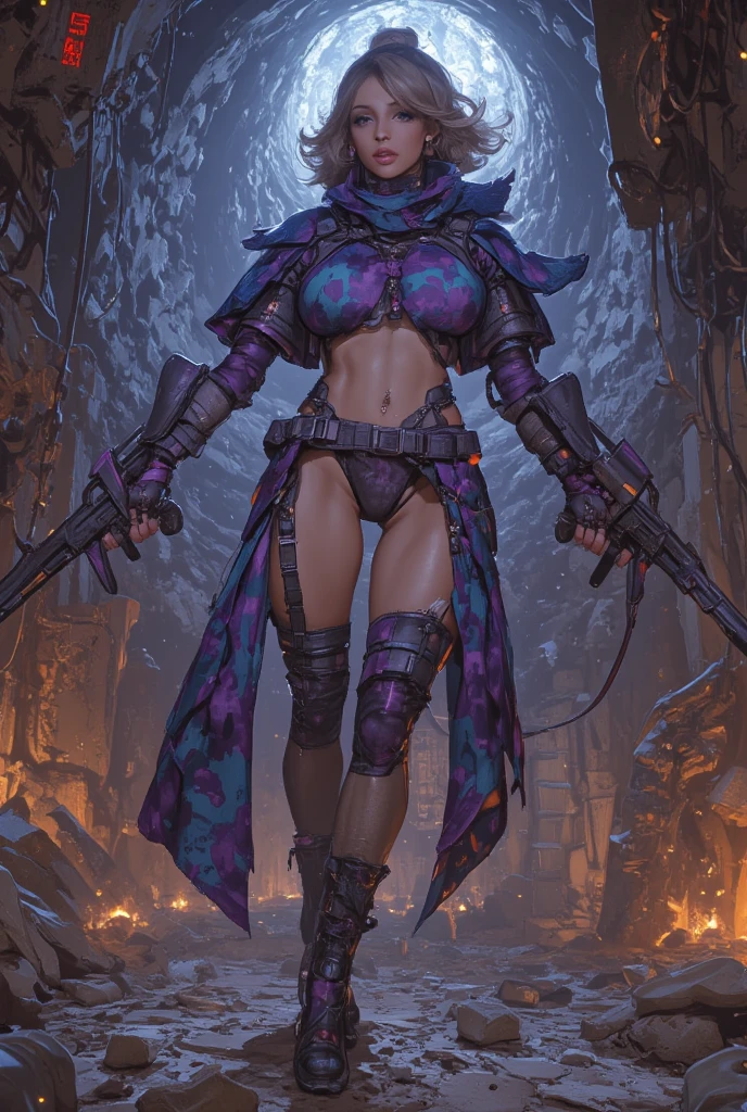 The woman, ((edgBB, black gloves, belt, shelter, torn clothes, Capelet, gauntlets,arms at the sides, forearms, black cape, tricorn, Hunter (transmitted by blood), woman wearing edgBB_attire)), Very detailed, Realistic long-term photography., 4k, by the wide, brown hair, By the chestnut, Red lips,sexy,red lips, brown eyes, big breasts, big breasts, pussy, spread legs, NSFW, +18, (((Lucia Auditore)))