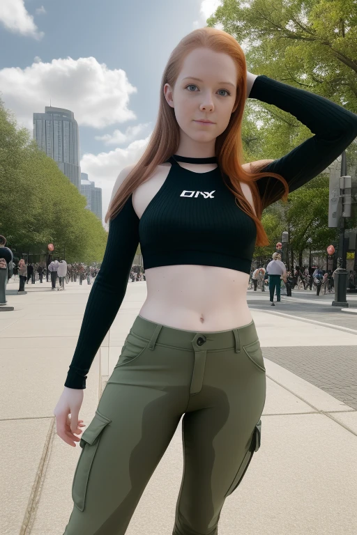 1girl in, age19, Solo, Aesthetic artwork, irish redhead, wavy ginger hair, shoulder length ginger hair, gray eyes, serious look, light grey eyes, some small freckles, pale skin, D-cup, large breasts, runners body, detailed skin texture, action pose, by destroyed city fountain, dirty downtown park, (extremely detailed 8k wallpaper), soft lighting, high quality, film grain, Fujifilm XT3 sharp focus, f 5.6, 50mm, High Detail, Sharp focus,(natural light), black long sleeve crop top, black crop top, light green khaki pants, green cargo pants, brown utility belt, katana sword handing on utility belt, Kim possible costume, crazy details, complex details, hyper detailed