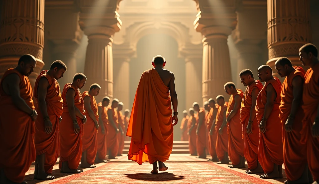 Samudragupta offering his respects to different religious leaders, symbolizing his policy of religious tolerance."