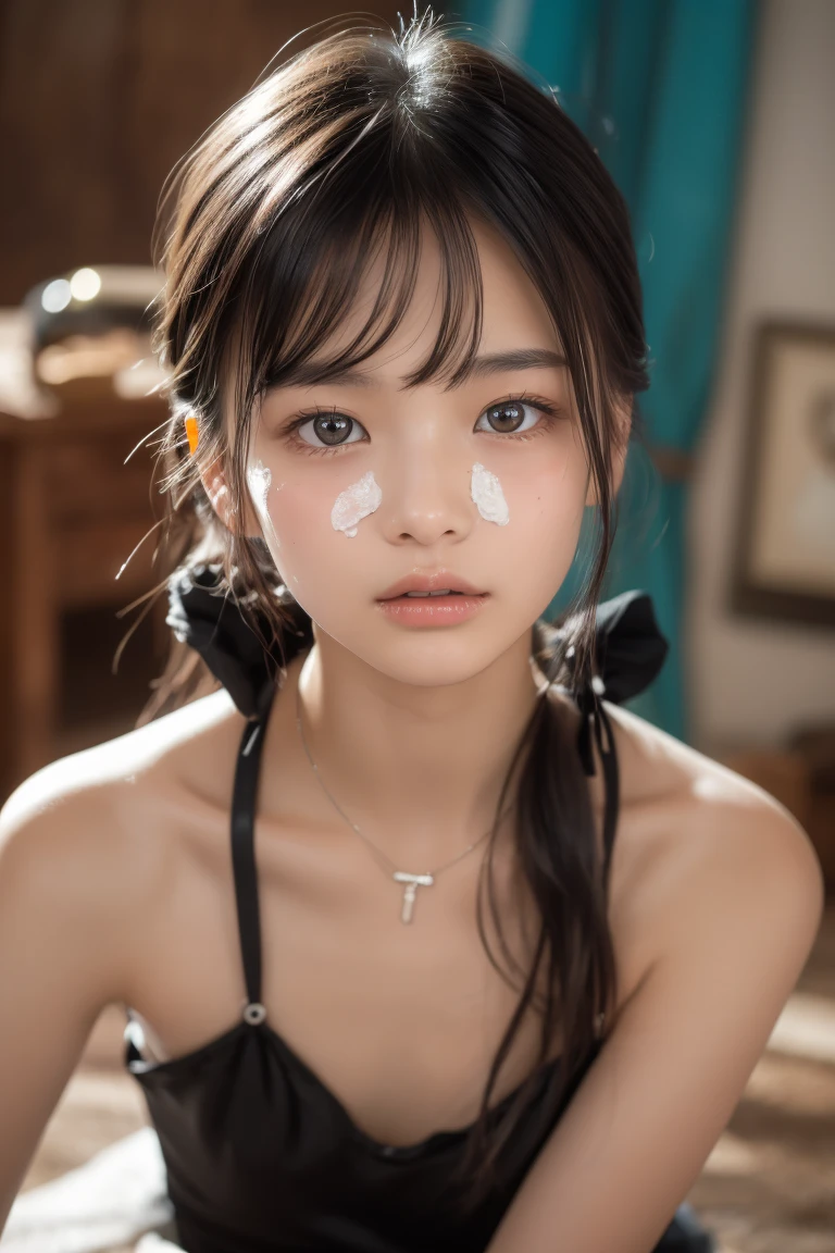 (masterpiece, highest quality:1.4), award-winning portraits, 8K, 85mm, alone, beautiful face, delicate girl, violaces, gardenia, grace, Sophisticated, cute, , looking at the viewer, 15 yw photo, disorganized, HDR, sharp focus, background bokeh、(((flat 、thin and delicate body、A childish atmosphere、basement)))、Her shiny semi-long hair is tied up、swaying hair、Mole on the left cheek、large, round, dark blue eyes、full body、random pose、Junior idol、Nogizaka Idol、mole under eye、sexy、naked、topless