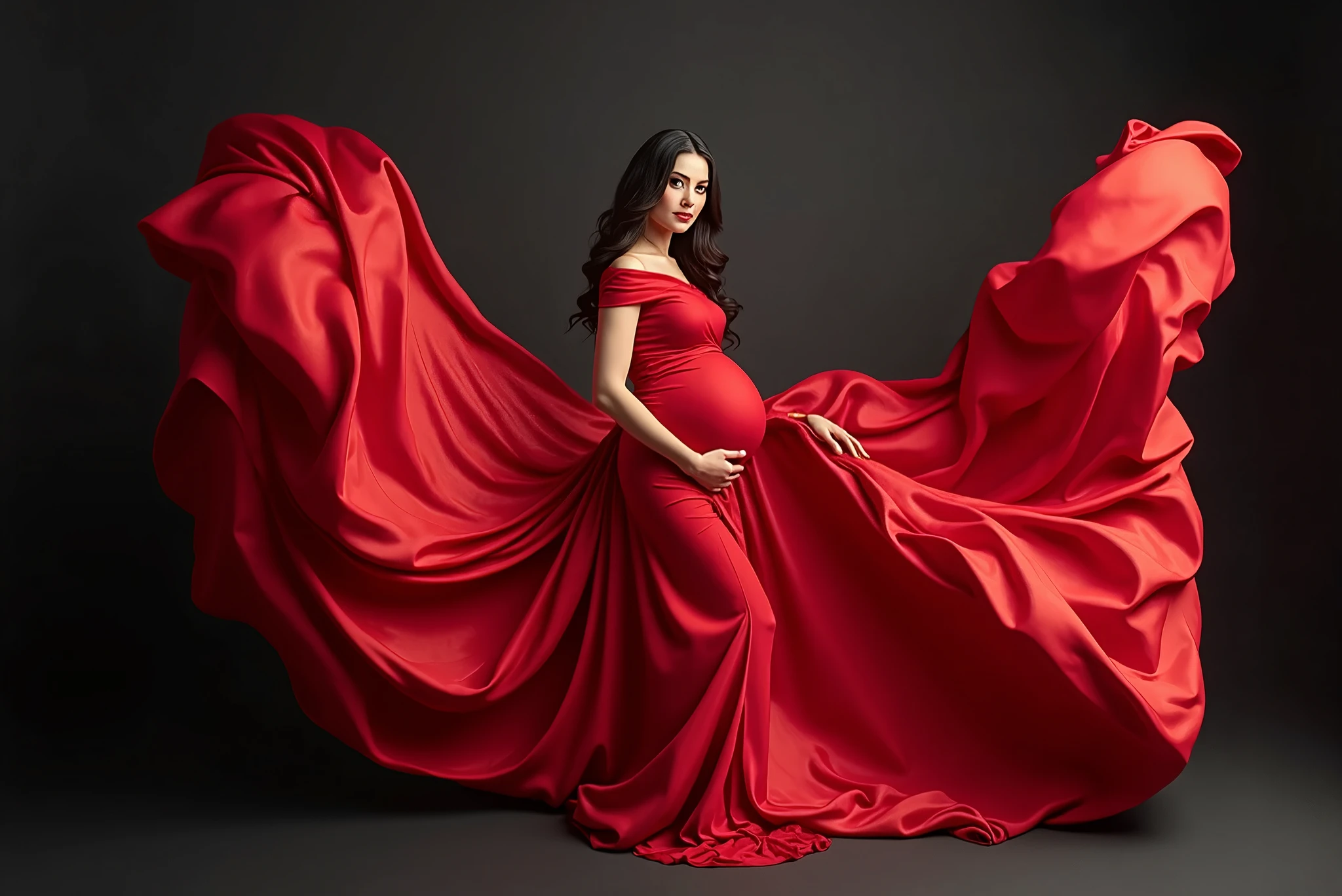 (pregnant woman 8 months), 20 years old, the woman has a very long red dress flowing, the woman is looking at the left, she looks down, (long red veil blowing in the wind), photo studio, light studio from the left, david lachapelle photo, gray backdrop, rembrandt backdrop, straight hair, (halfbody photo), halfbody image, black hair, long hair, makeup, chiaroscuro, cinematic lighting, Canon, Canon, Hasselblad, UHD, masterpiece, ccurate, (anatomically correct), (textured skin), (super detail), ((high details)), high quality, award winning, best quality, highres