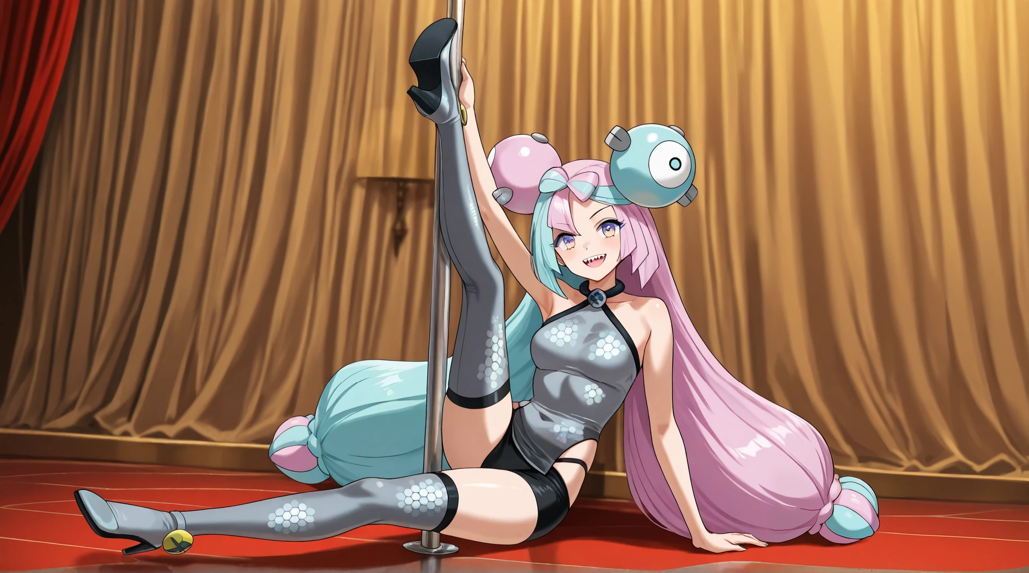 (score_9, score_8_up, score_7_up, (azur lane art style, sexy anime art style, IllusP0s, PonyScores, detailed anime girlsXL, anime screencap XL,) masterpiece,
best quality, detailed eyes, clean face, 1 girl, mature, 2D CG, solo, adult,
casino, curtain, pole dance, pole dancing, stage, mosaic floor, red curtain,
)
(Iono \(Pokemon\),)
long hair, smulticolored hair, bow-shaped hair,
hair ornament,
gradient eyes, sharp teeth,
slim, sensual woman,
(Iono outfit, (Pokemon outfit,
halterneck, sleeveless, grey dress,
tigh straps,
single leg pantyhose, grey pantyhose,
))