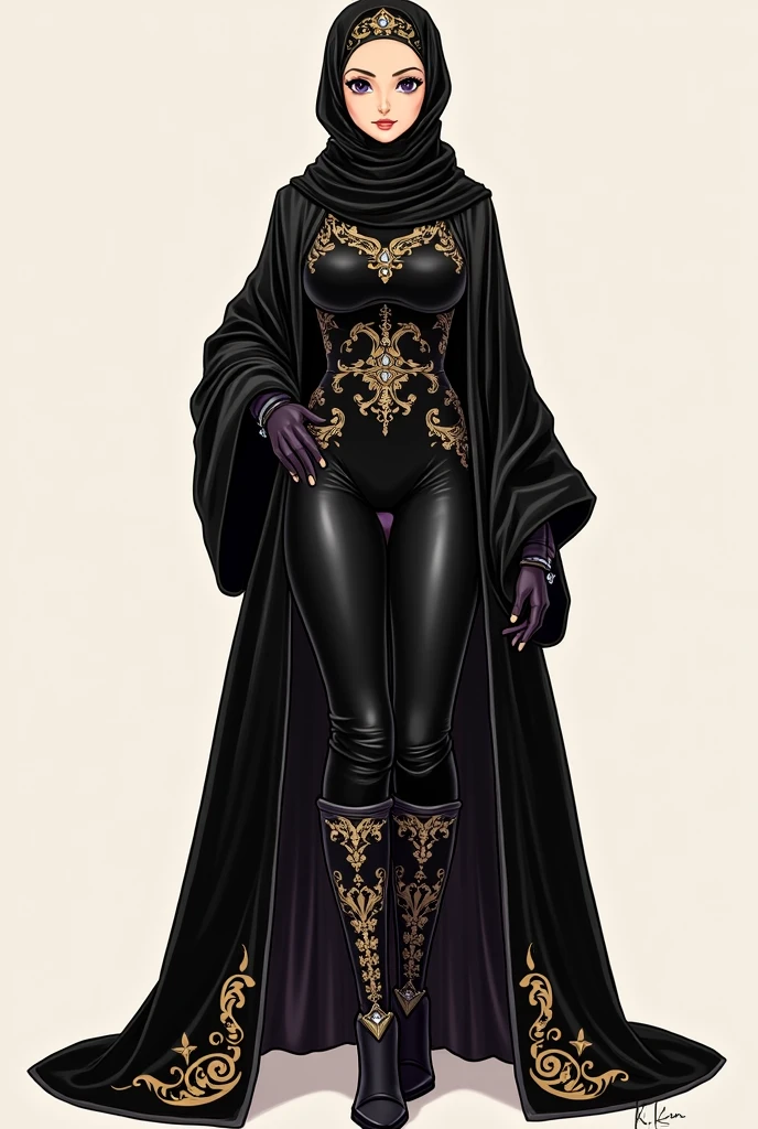 digital art, highly detailed, reference sheet, standing pose, legs uncrossed, hand on hip, hand pulling at cheek, feminine features, dark skin, overweight, curvy, corpulent, portly, mature woman, adult female, whole body, bald, form-fitting, abaya dress, scarf, long sleeves, long skirt, shoes, 1woman, solo, upper body, lower body, ((Extremely Detailed)), ((Best Quality)), ((Masterpiece)), ((4k)).
