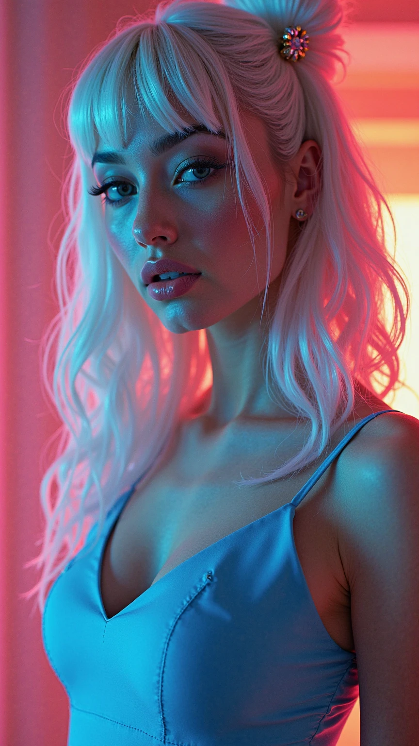 (photorealism:1.2), beautiful woman,changpant, elephant-patterned pants, a beautiful 25-year-old woman with long pink hair in a sheer crop top, leaning against a balcony railing with a city skyline behind her, the wind teasing her hair.ssexy