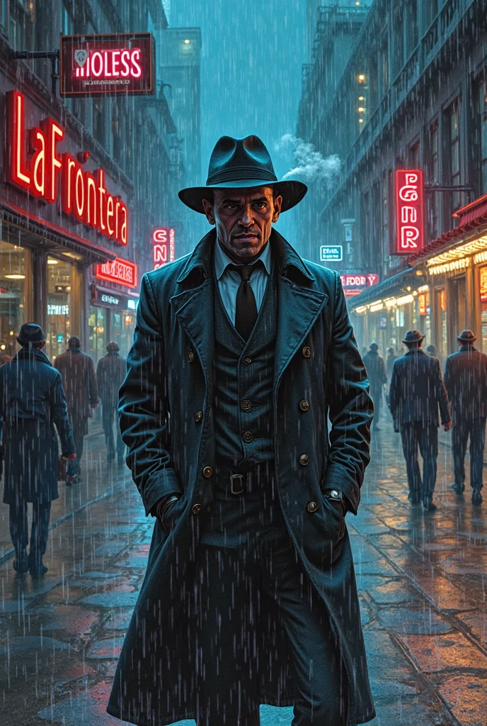 Draw a cover of a science fiction novel, style written in letters in the center above it says LA FRONTERA, And a character comes out wearing a trench coat and a hat, smoking, In the background some streets while it's raining with neon lights, All NOIR and Cyberpunk, 70's drawing style series b