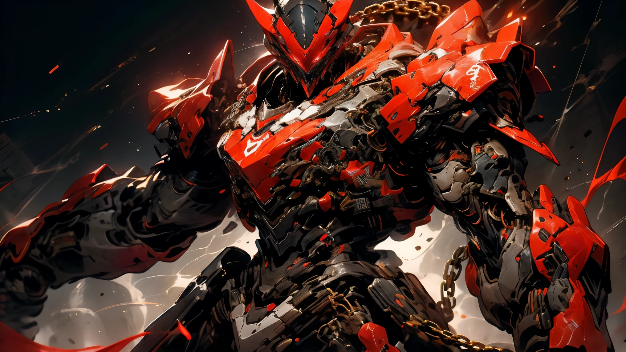 Thin outline, anime style, cool and edgy , A mysterious figure in a dark suit with robotic features, Hold the chain, wearing an advanced wolf mask with glowing red eyes, Standing on a red background , dramatic lighting, Cyberpunk, dark, sleek design, future, fashionable, pose , colorful, confident, Performance, accessories, Swirl, around , stylish, attack, 【Contemporary, fashion