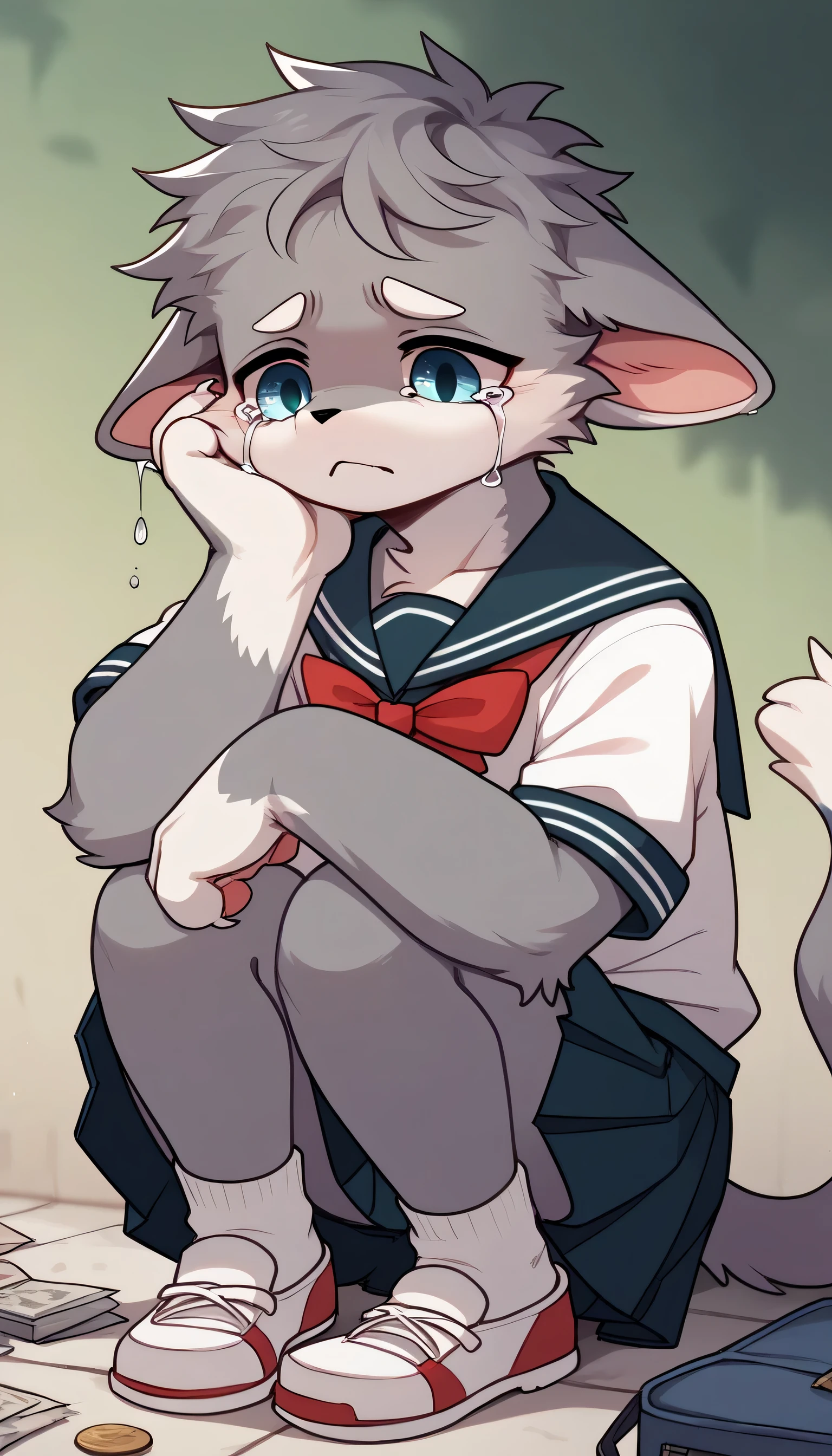 Very Detailed,gray hair and gray fur , cat,,participate, furry fur ,I'll cry ,lots of tears, Lots of crying ,fur that made me cry, Saggy ears , alone, men's school uniform,trend,sad,Tuck your knees, blurred background ,Squat,Droopy ears,sad