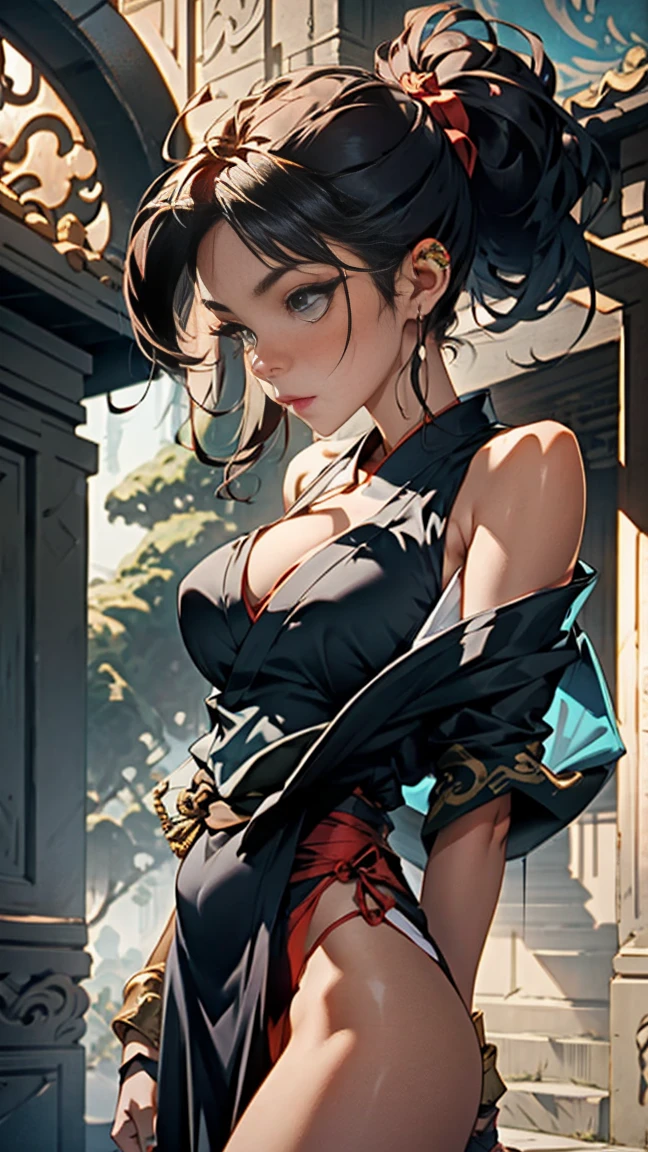 masterpiece, best quality, 4k, highres, 1girl, medium hair, floating hair, hair between eyes, high ponytail, sidelocks, hair ornament, kanzashi, bangs, detailed eyes, rendered eyes, collarbone, cleavage, medium large breasts, perfect anatomy, detailed eyes, rendered eyes, detailed face, thighs, sarashi, chest sarashi, black sash, japanese clothes, kimono, kinchaku, lusty expression, black kimono, pouch, print kimono, short kimono, single bare shoulder, east asian architecture, full body, standing pose, in a Japanese temple, red wristband, black socks, from below, anime art wallpaper 8 k, simple background