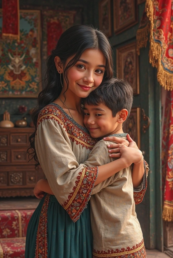 A young boy and girl, dressed in traditional Indian attire, stand close together in a warm, golden light. The boy has a gentle smile, his hand resting on the girl's cheek, while she looks at the camera with a hint of sadness.  They are both wearing soft, earthy tones, creating a sense of intimacy and quiet contemplation. The background is blurred, focusing attention on the children.Imagine The image is a portrait of two young children, a boy and a girl, standing close together and smiling at the camera. The boy is on the left side of the image, wearing a beige kurta with a striped scarf around his neck. He has dark hair and is looking directly at the viewer with a slight smile on his face. The girl on the right side is wearing a traditional Indian outfit with a brown dupatta draped over her shoulders. She has long dark hair that is styled in loose waves. He is covering her face with his hand. The background is blurred, but it appears to be an outdoor setting with trees and greenery. The lighting is soft and warm, creating a peaceful and serene atmosphere.

[Real picure, Realistic Portraiture], [Reference: DSLR Picture] , [Lighting: Warm, golden light, soft shadows, shallow depth of field, 50mm lens, natural texture of fabric, slightly desaturated colors, warm color palette]