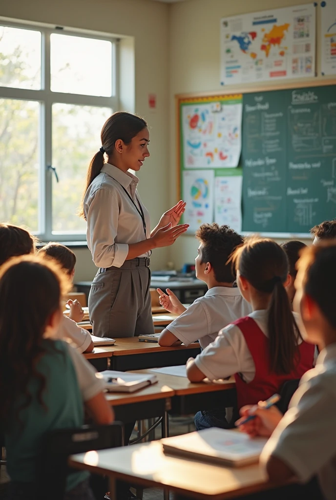 (photorealism:1.2), 

Salvadoran students in a classroom, wearing blue and white uniform, sitting at individual desks, teacher explaining, 3 students raising their hands to give their opinion, everyone happy.