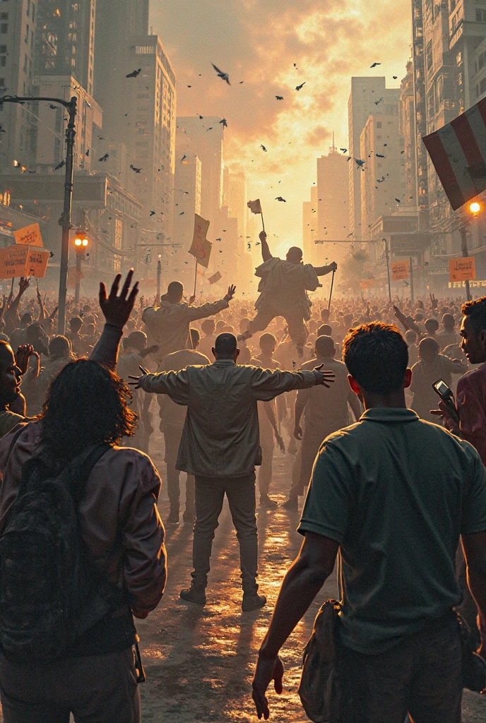 One man standing with ski mask and bandana covering his face standing in the middle of a war field. Blood all over his tshirt. Microphone in front of his face on a mic stand connected with a snake instead of a wire. Dangerous look in his eyes. Sun shining and birds flying in the sky. 100 of boys in background smoking, throwing champagne and everyone excited and going crazy. People holding cardboard saying Mumbai and 56. The man Standing still beneath him there are many dead bodies laying face down dressed in hip hop clothing and complete blood bath on the ground.